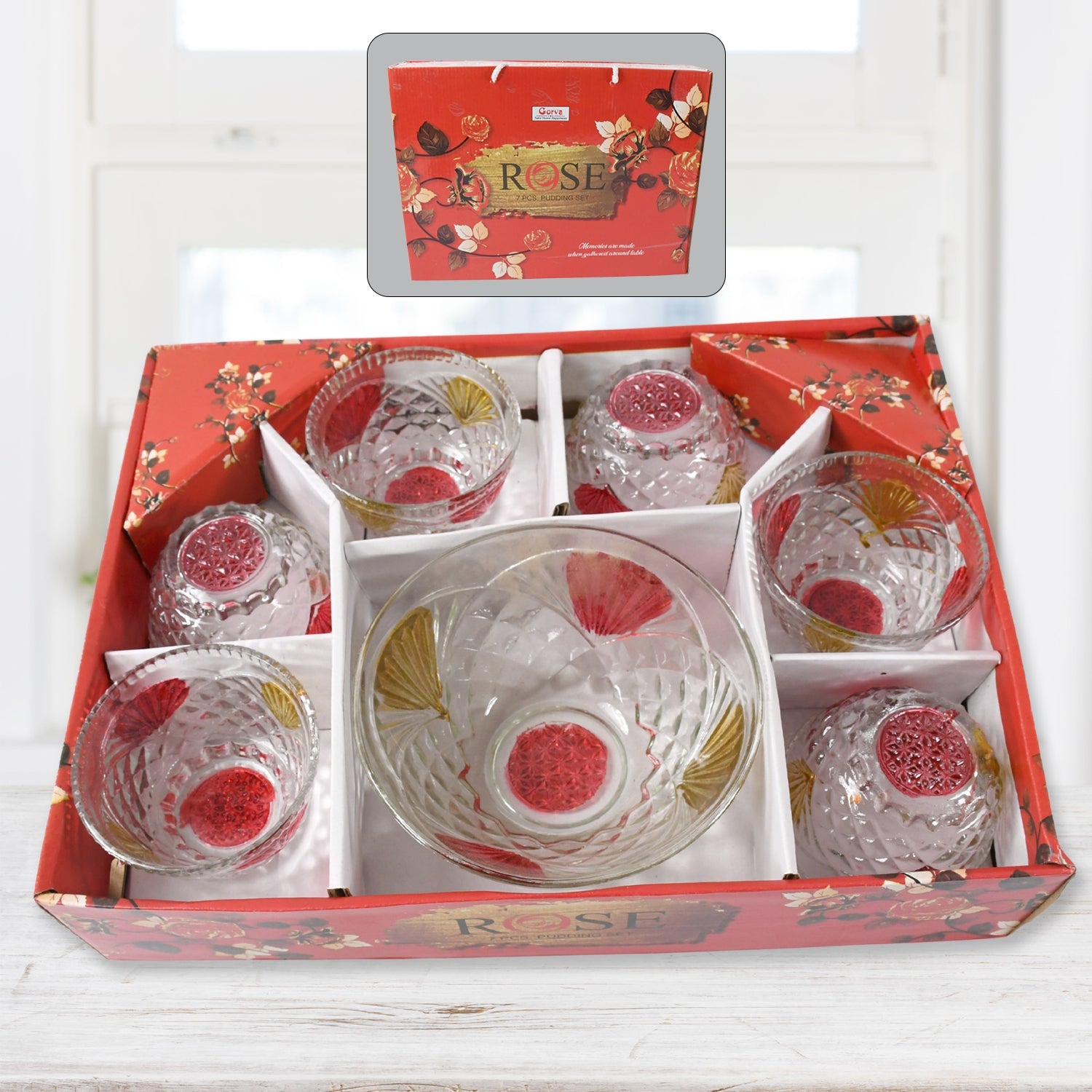 Rose glass Multipurpose Pudding / Dessert / Ice Cream Bowl Set for Home use, Home & Kitchen Serving Bowl for Sundae, Sweets, Snacks, Fruit, Pudding, Nuts or Dip, Serving Bowls 6 Medium & 1 Big Bowl (Set of 7 pc) - Springkart 