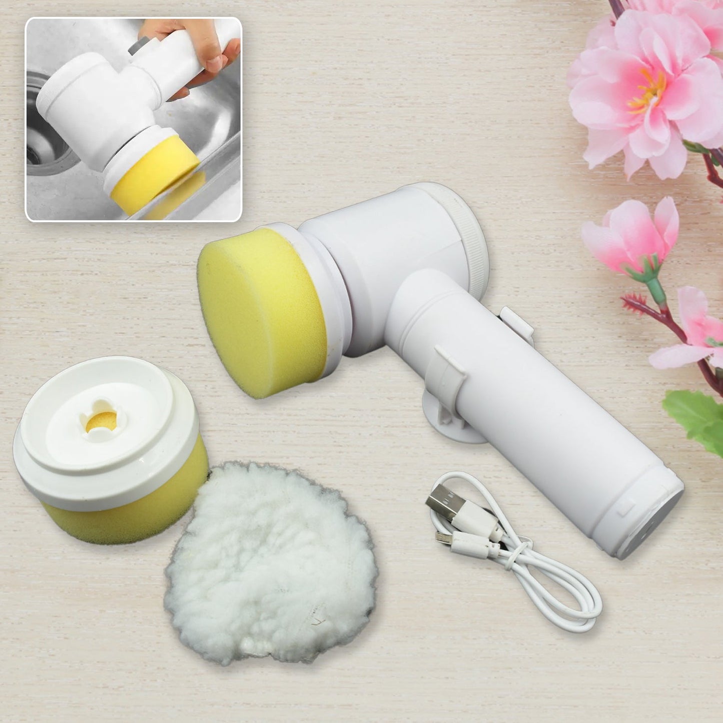 Multifunctional Magic Brush, Portable Electric Cleaning Brush with 2 Replaceable Brush Heads, Handheld Power Spinning Scrub Brush, Shower Cleaner Brush for Kitchen, Sink, Wall, Window, Toilet, Bathroom (5 In 1) - Springkart 