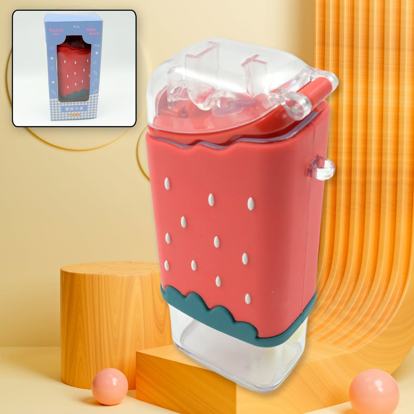 Portable Cute Water Bottle for Kids, Unique Ice Cream Shape water cup, Popsicle Shaped Plastic Kettle with Straw, Adjustable Shoulder Strap, BPA free, Leakproof (300 ML) - Springkart 