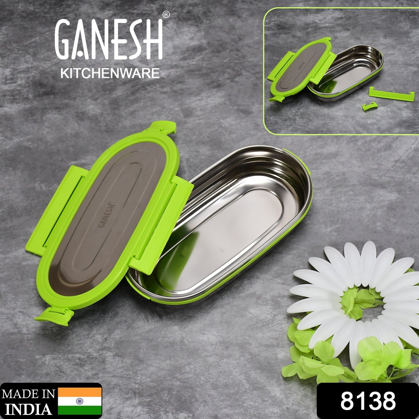 Ganesh Solo Oval 650 Stainless Steel Leak proof airtight Lunch Pack for Office & School Use - Springkart 
