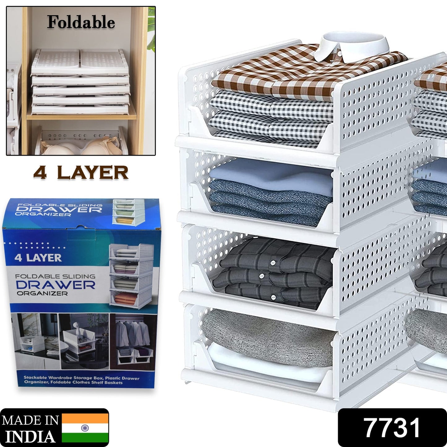 Clothes Organizer 4 layer Drawer for Wardrobe Cupboard Organizer for Clothes Foldable and Stackable Closet Organizer Drawer Organizer for Clothes Multi Purpose Plastic Drawer - Springkart 