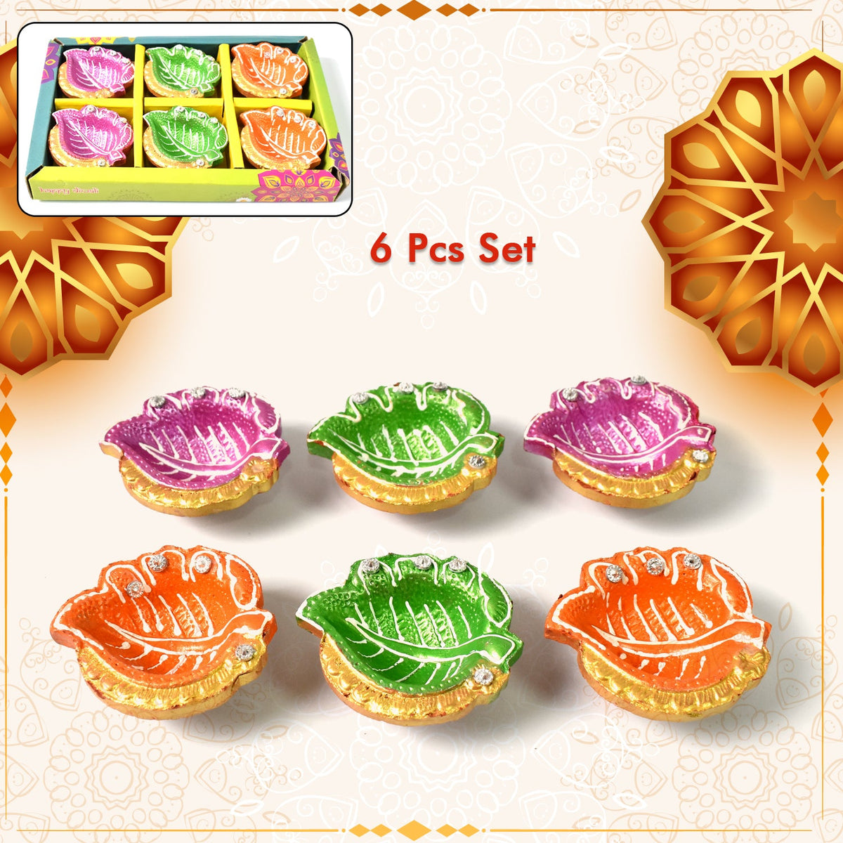 Decorative Hand Painted Clay Puja Diya for Diwali Home Indoor Outdoor Handmade Diya (6 Pcs Set/ Mix Design) - Springkart 