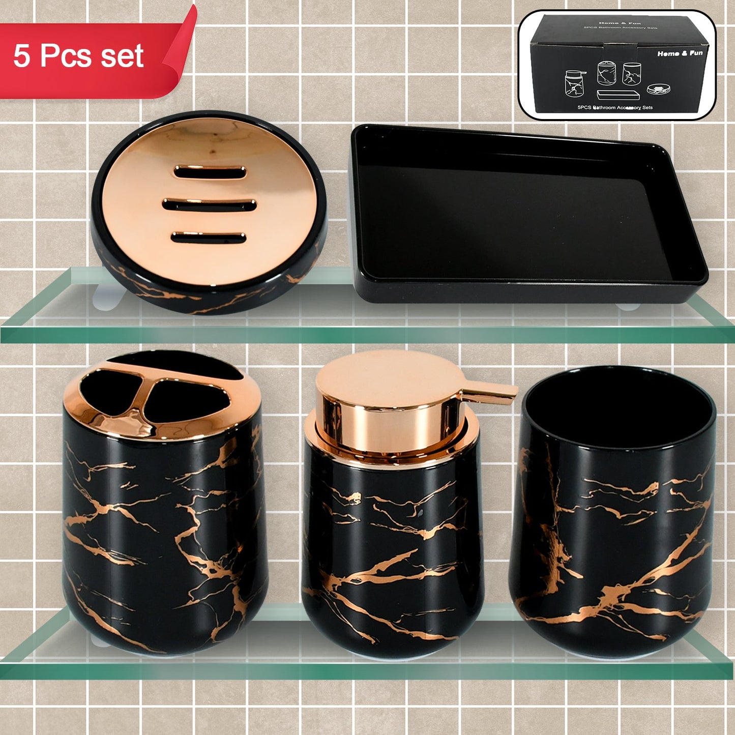 Bathroom Accessory Set Bathroom Decor Premium Quality (5 PCS) 1 X Tumbler,1 X Dispenser,1 X Toothbrush Holder, 1 X Soap Dish & 1 X Tray - Springkart 