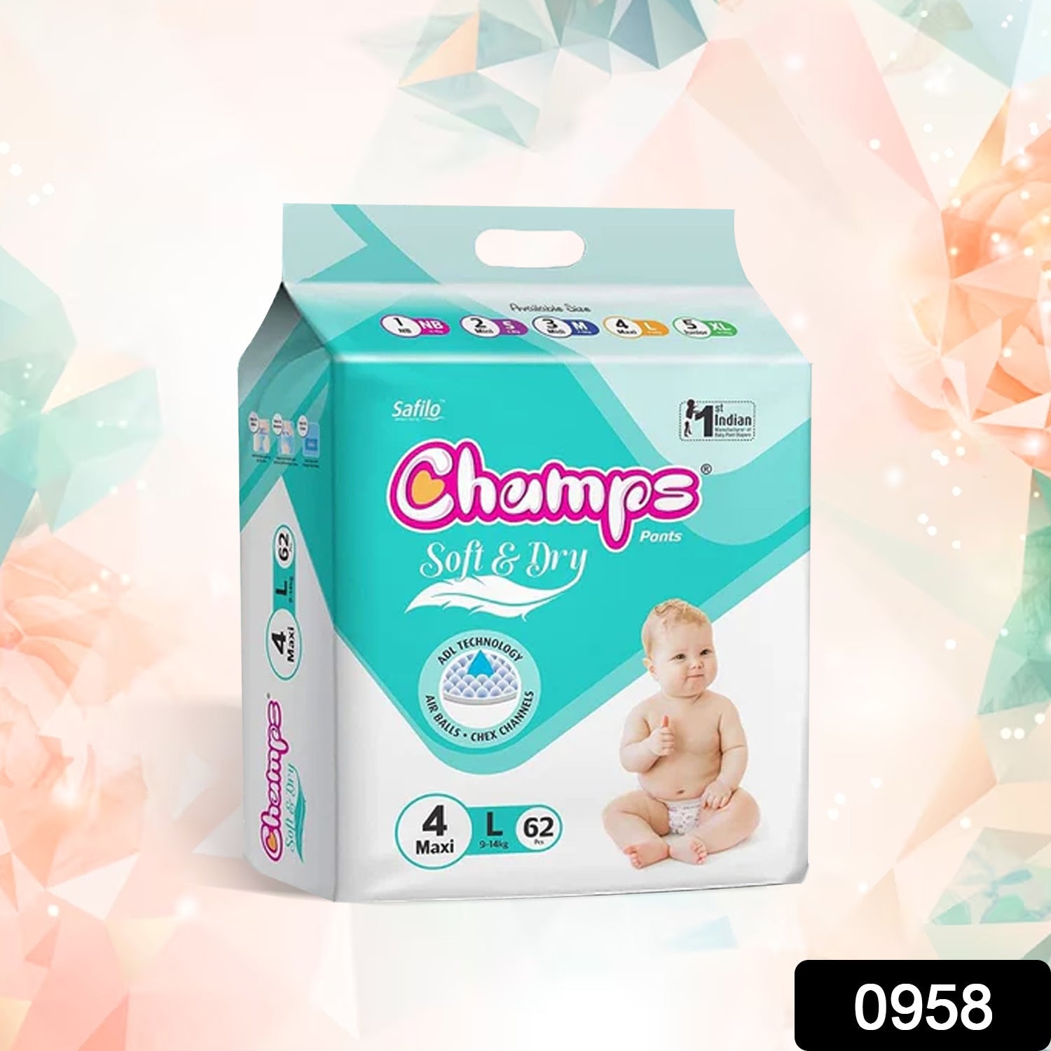 Champs Soft and Dry Baby Diaper Pants 62 Pcs (Large Size L62) - Springkart 