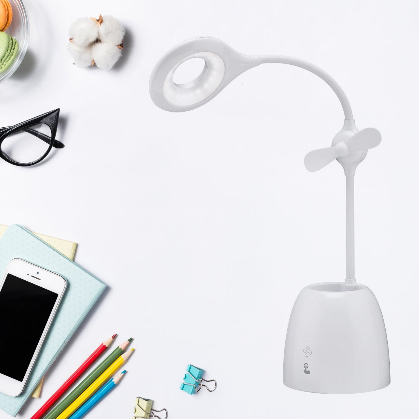 Rechargeable LED, LED Desk Lamp with Pen Container Fan, Interior Lighting for Study, Children's Room, Bedroom or Office, Perfect for Emergency, Study, Reading and Home USB Cable Included - Springkart 