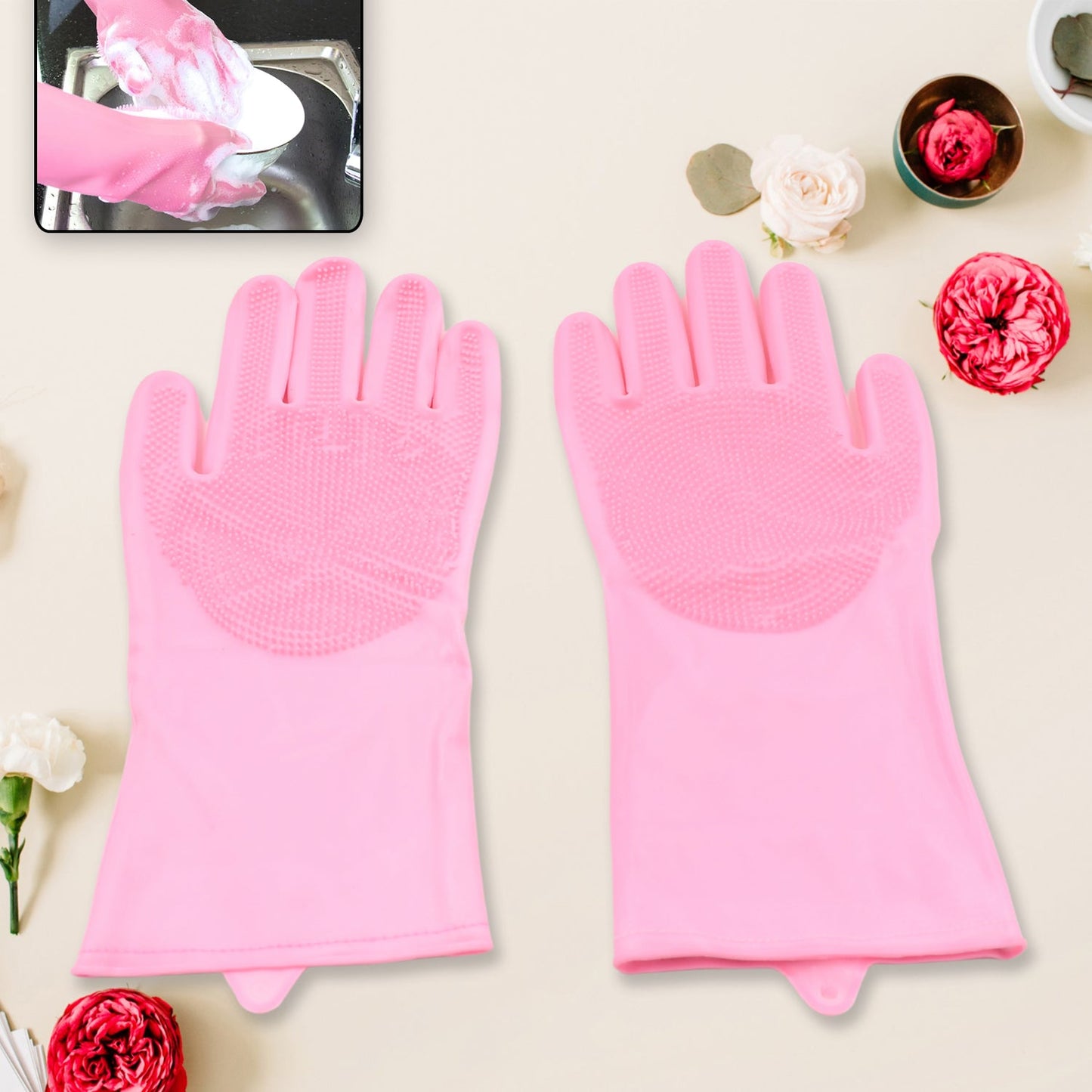 Dishwashing Gloves with Scrubber| Silicone Cleaning Reusable Scrub Gloves for Wash Dish Kitchen| Bathroom| Pet Grooming Wet and Dry Glove (1 Pair, 155Gm) - Springkart 