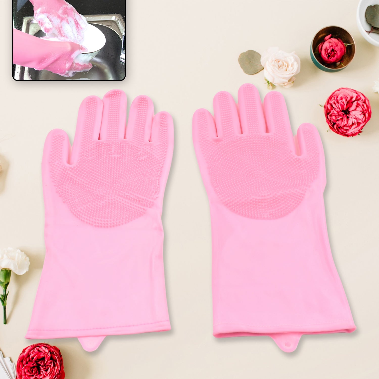 Dishwashing Gloves with Scrubber| Silicone Cleaning Reusable Scrub Gloves for Wash Dish Kitchen| Bathroom| Pet Grooming Wet and Dry Glove (1 Pair, 155Gm) - Springkart 