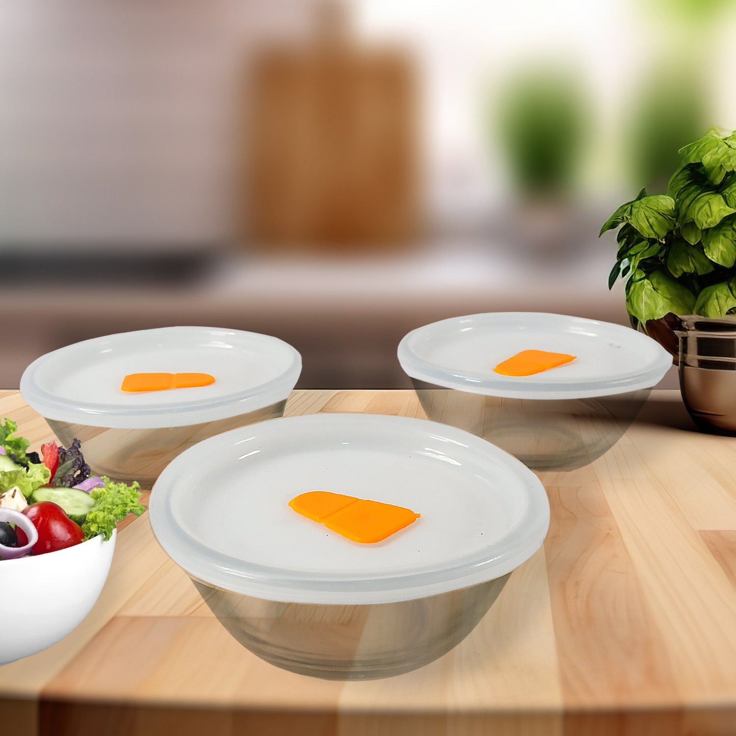 Bista Glass Serving & Mixing Bowls with Plastic Lid | Oven & Microwave Safe & Dishwasher Safe | Scratch Resistant | Transparent | For Household Gift For Birthday (3 Pcs set / 250 ML Approx) - Springkart 