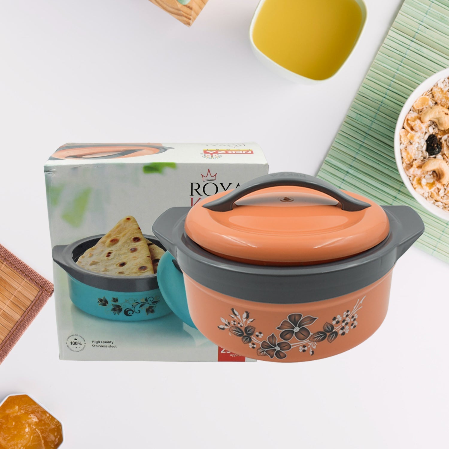 Casserole Box for Food Searving Inner Steel Insulated Casserole Hot Pot Flowers Printed Chapati Box for Roti Kitchen (Approx 2500 ml) - Springkart 