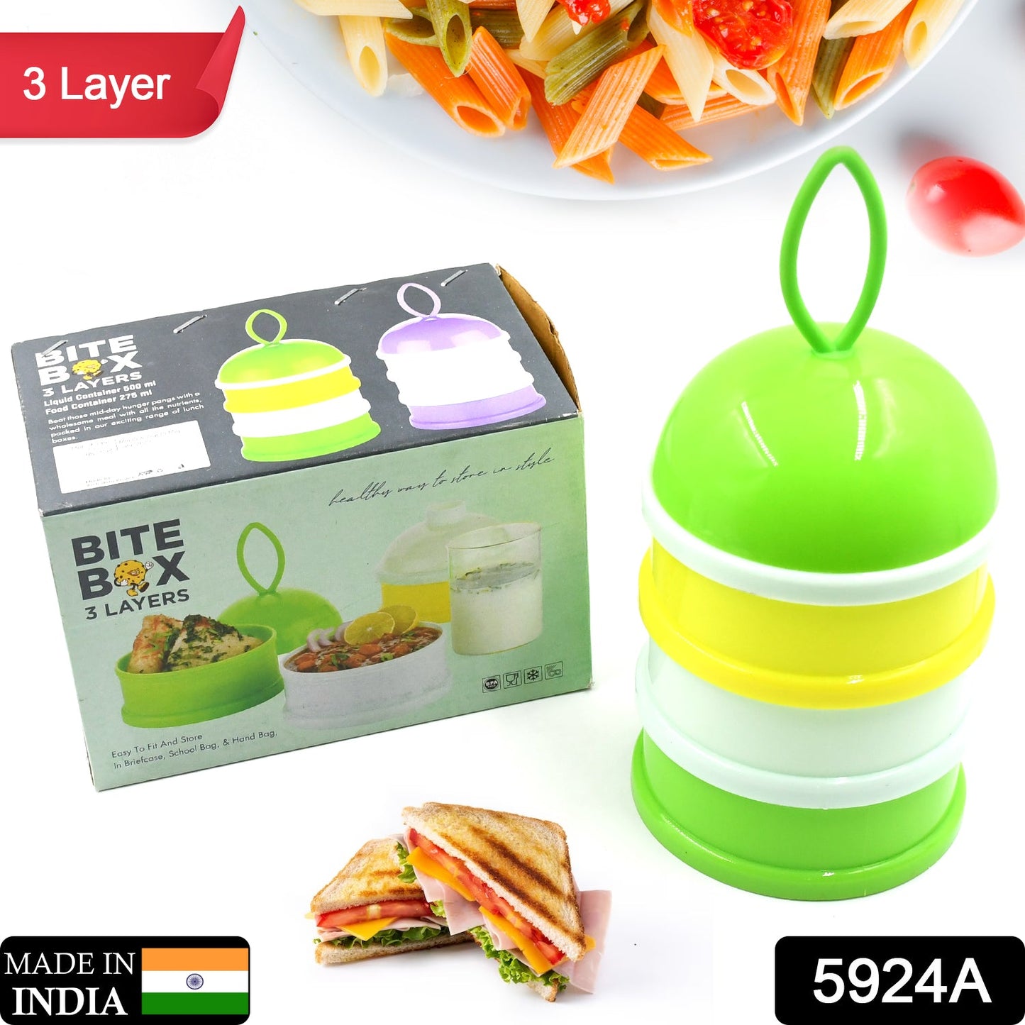 3 Layer Lunch Box Unique Design Bite Lunch Box With Liquid & Food Container Lunch Box (Green) - Springkart 