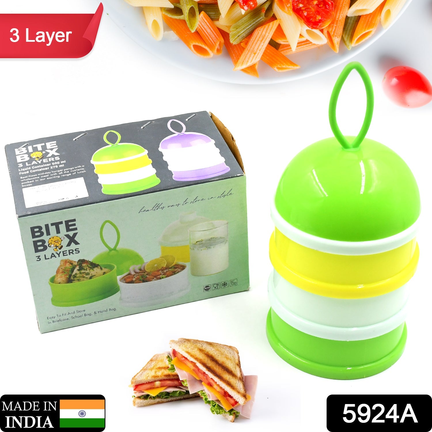 3 Layer Lunch Box Unique Design Bite Lunch Box With Liquid & Food Container Lunch Box (Green) - Springkart 