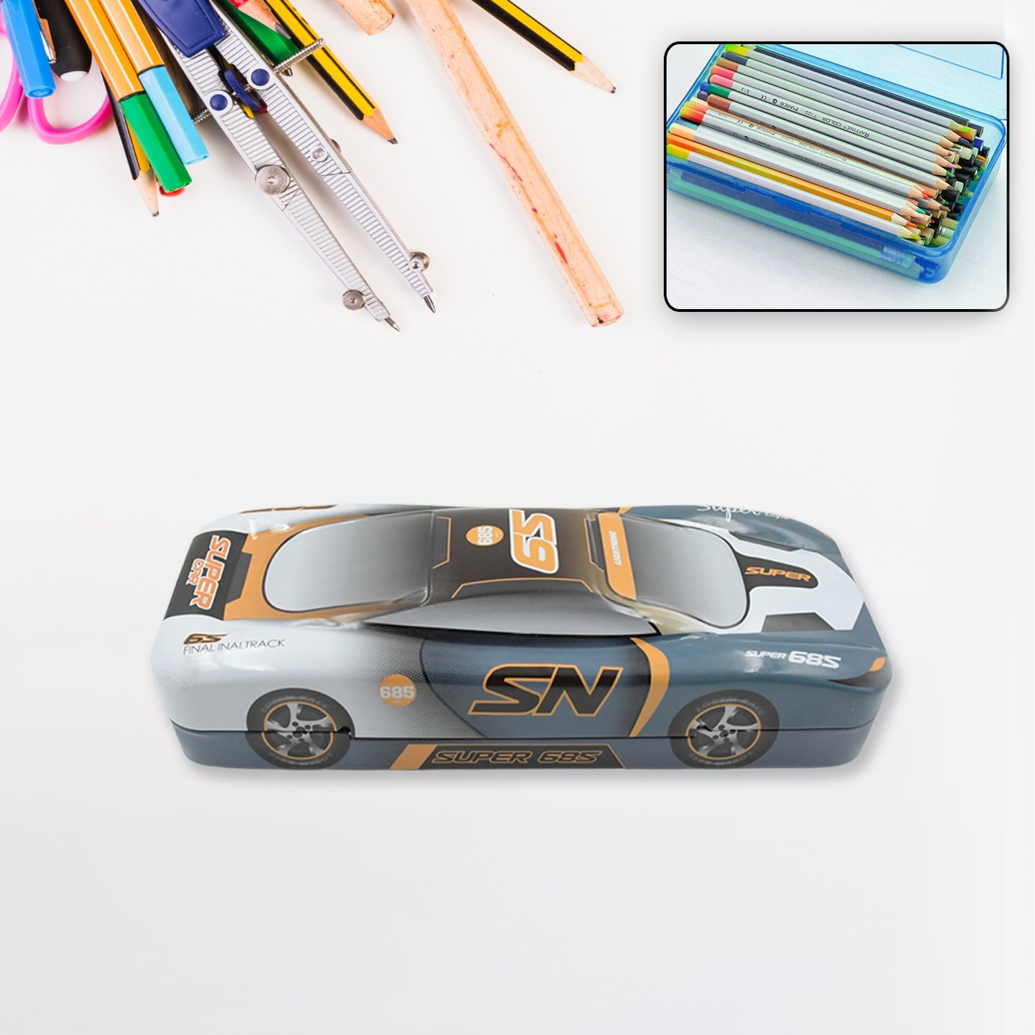 Car Shape Metal Compass Box, Pencil Case for Kids Stationery Compass Box, Stationery Gift for School Kids Compass, Pencil Box, Birthday Return Gift for Kids (1 Pc) - Springkart 