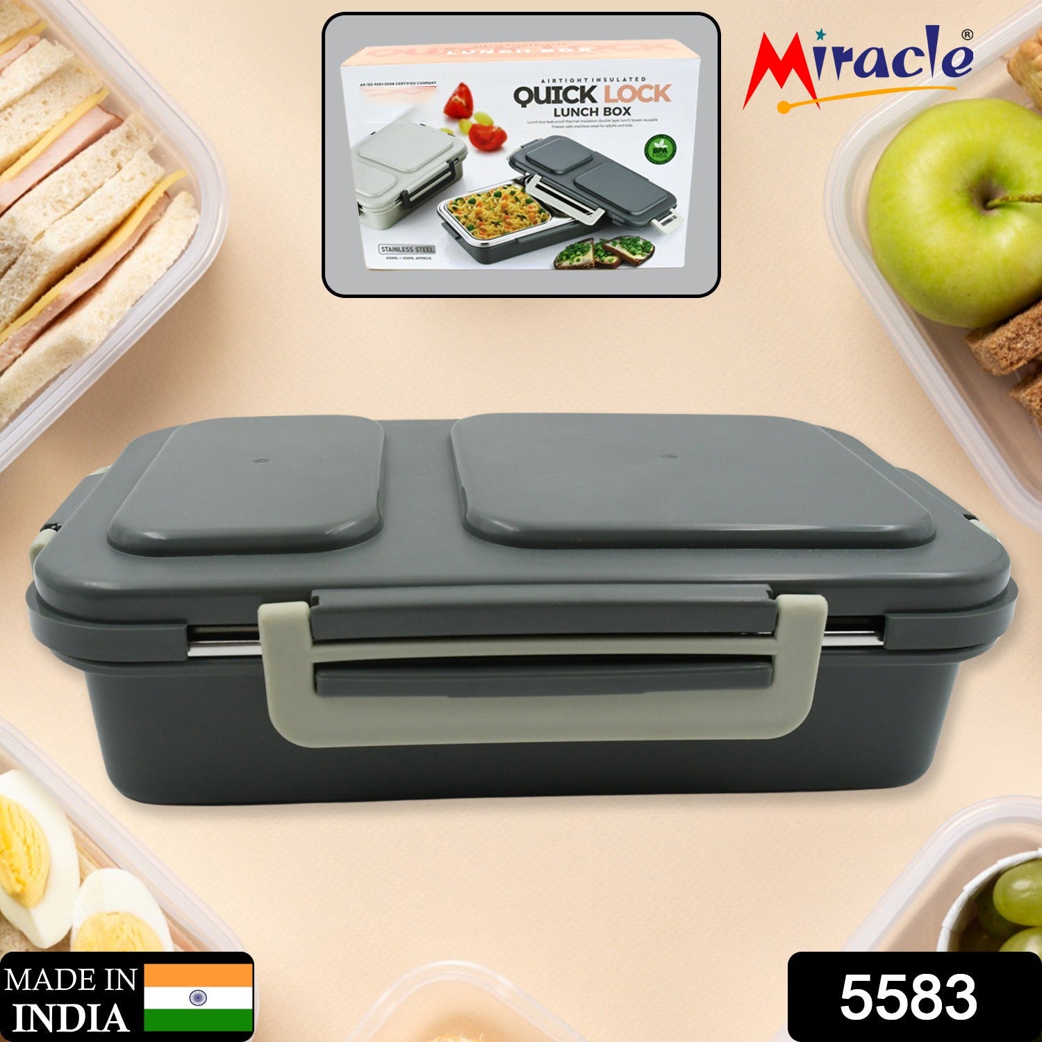Miracle Quick Lock Leak Proof 2 Compartment Stainless Steel LUNCH BOX Inner Plate Reusable Microwave Freezer Safe Lunch Box Trendy Thermal Insulation Leak Proof for Office Vacuum Tiffin Box for Boys / Girls / School / Office Women and Men  - Springkart 