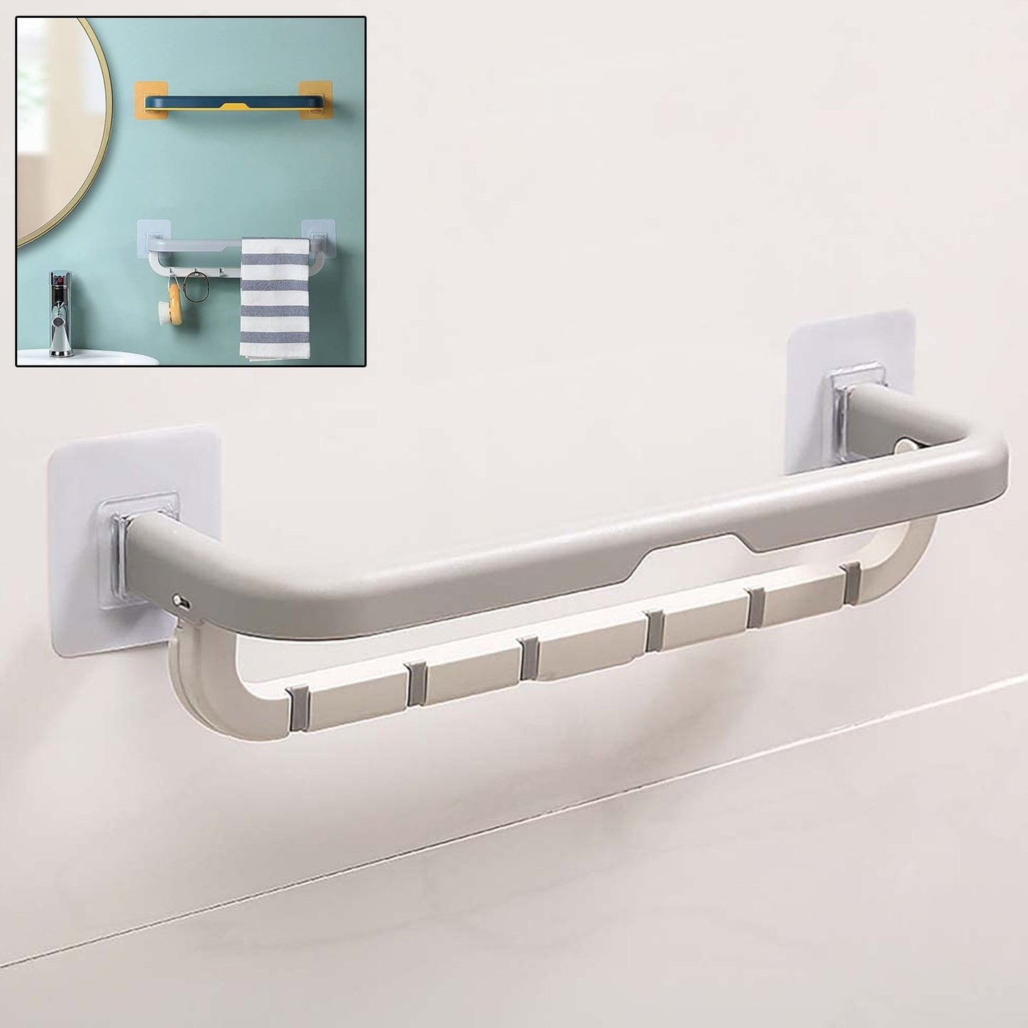 Wall Mounted Double Bar Towel Holder with Hooks | Multifunctional Adjustable Towels Rack for Kitchen / Bathroom | Folding Towel Shelf