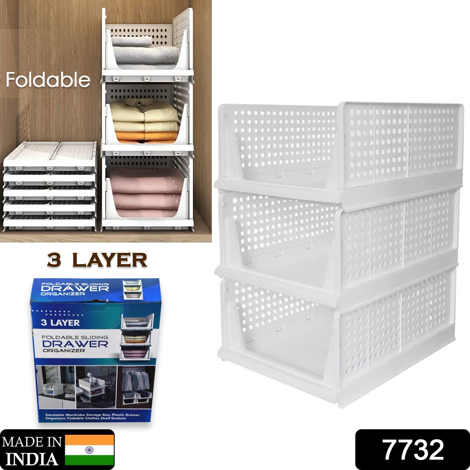 3 Layer Clothes Organizer for Wardrobe Cupboard Organizer for Clothes Foldable and Stackable Closet Organizer Drawer Organizer for Clothes, Multi Purpose Plastic Drawer - Springkart 
