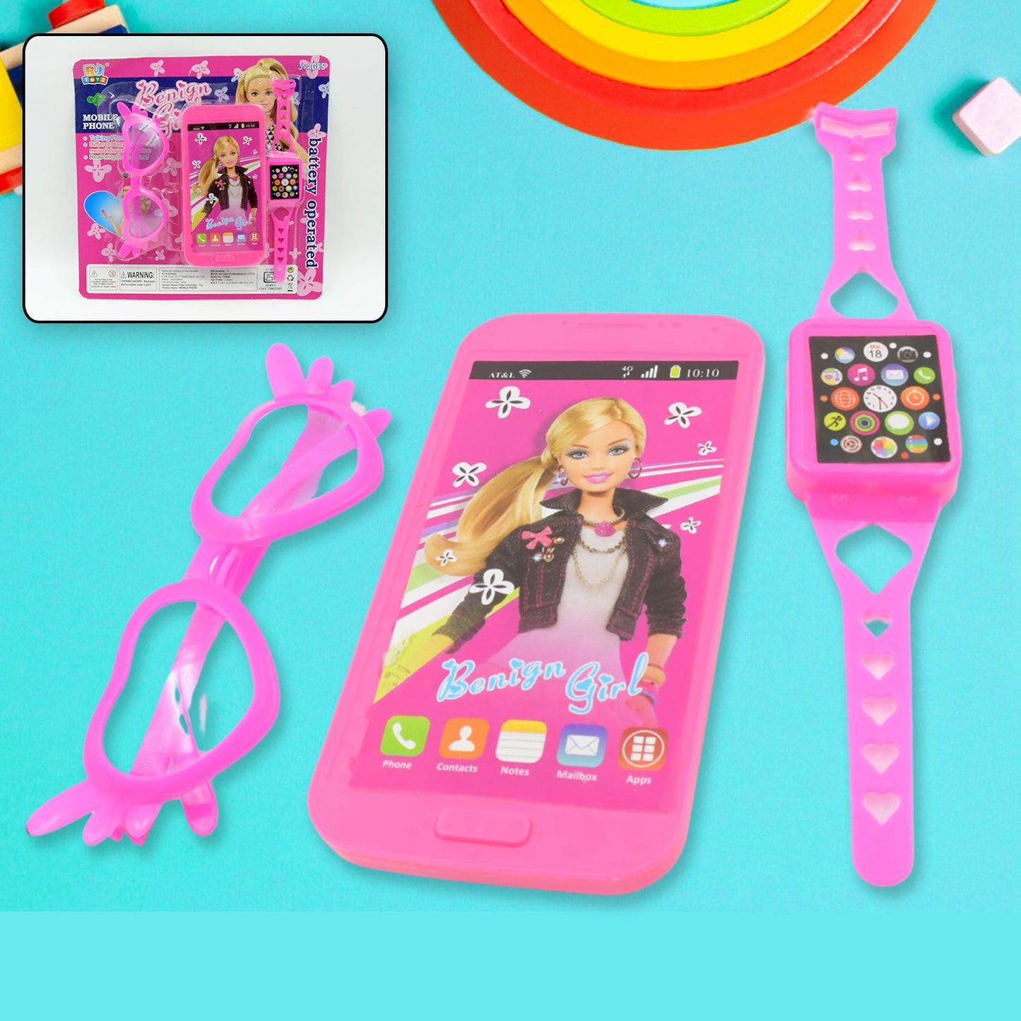 Barbiee Phone, Watch and Glasses Set for Girls, Beautiful Barbie Musical phone ABS Plastic Toy Battery Operated Barbie Glass | Musical Mobile Phone / Toddler / Toy Phone for Kids / Calling Toy Phone (3 Pcs Set, Battery Not Included) - Springkart 