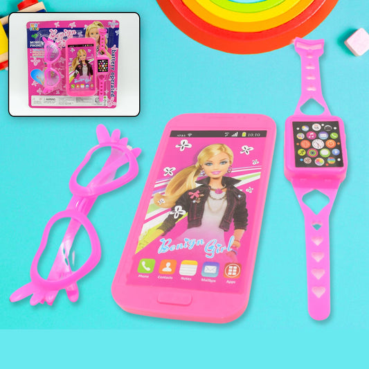 Barbiee Phone, Watch and Glasses Set for Girls, Beautiful Barbie Musical phone ABS Plastic Toy Battery Operated Barbie Glass | Musical Mobile Phone / Toddler / Toy Phone for Kids / Calling Toy Phone (3 Pcs Set, Battery Not Included) - Springkart 