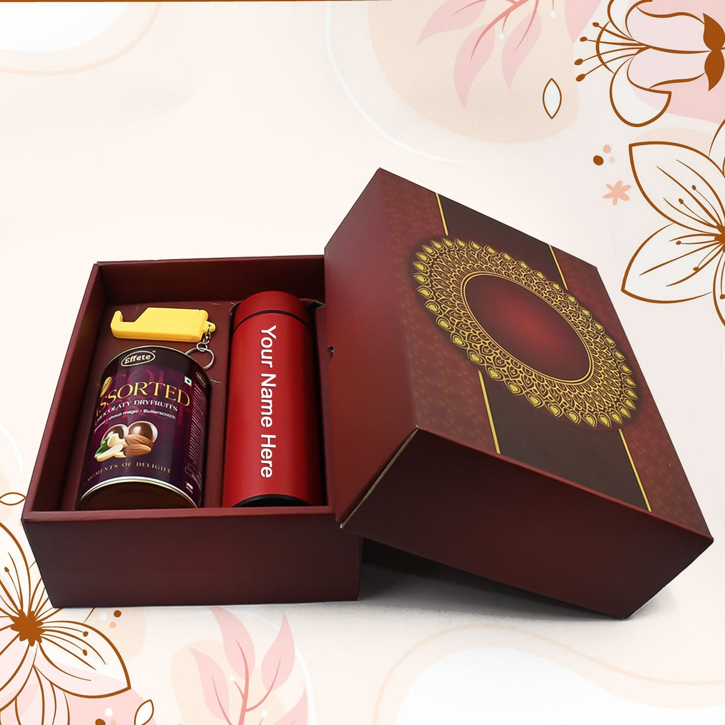 Personalized Temperature Water Bottle, 2in1 Keychain & Chocolate (With Attractive Multi Circle Box / 3 Pc Set) - Springkart 