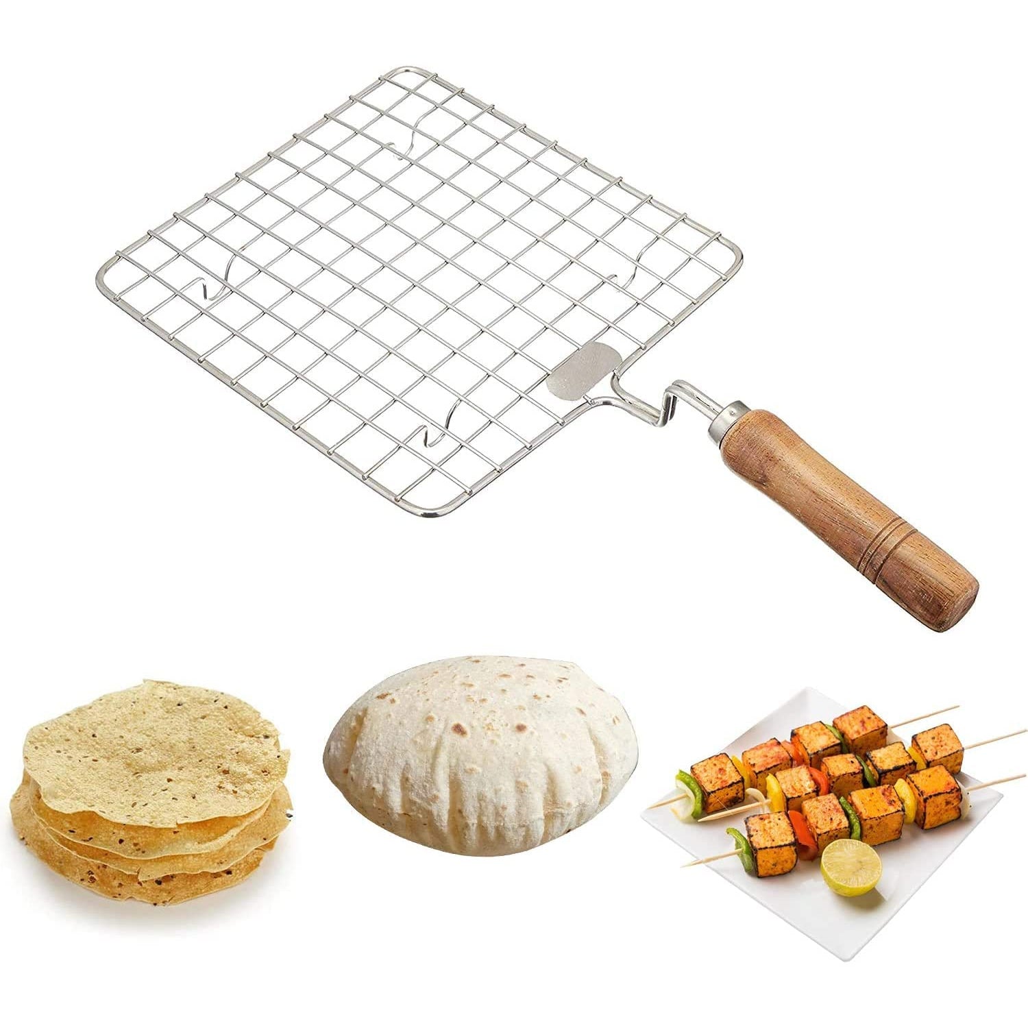Kitchen Square Stainless Steel Roaster Jali, Barbecue Grill with Wooden Handle - Springkart 