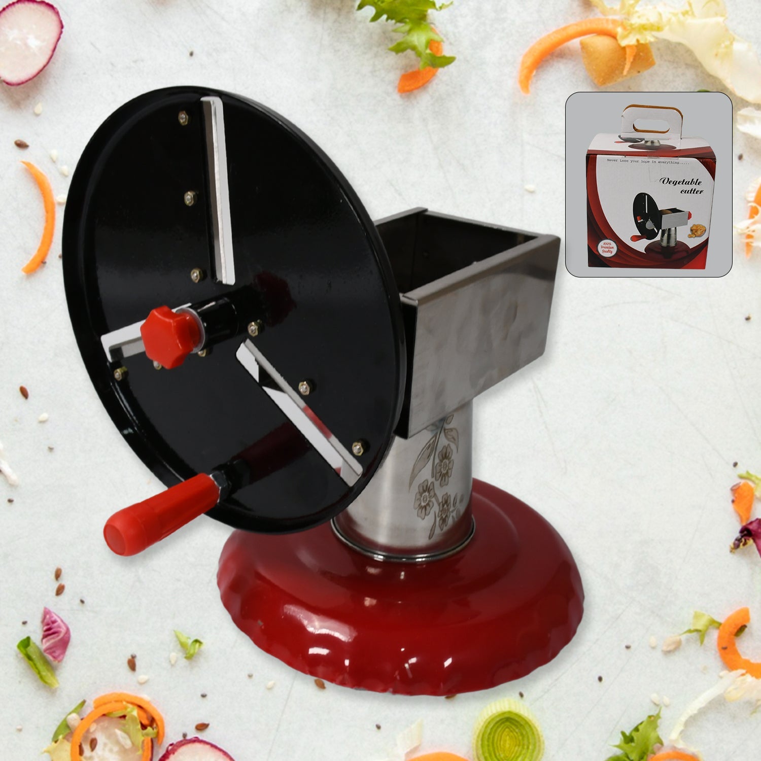 Stainless Steel Chips Maker and Vegetable Slicer for Kitchen Potato Slicer Graters and Chippers. Chips Maker is Suitable for Vegetable Cuttings. Chips Maker Consist Hard Coated Iron Wheel and Stand. - Springkart 