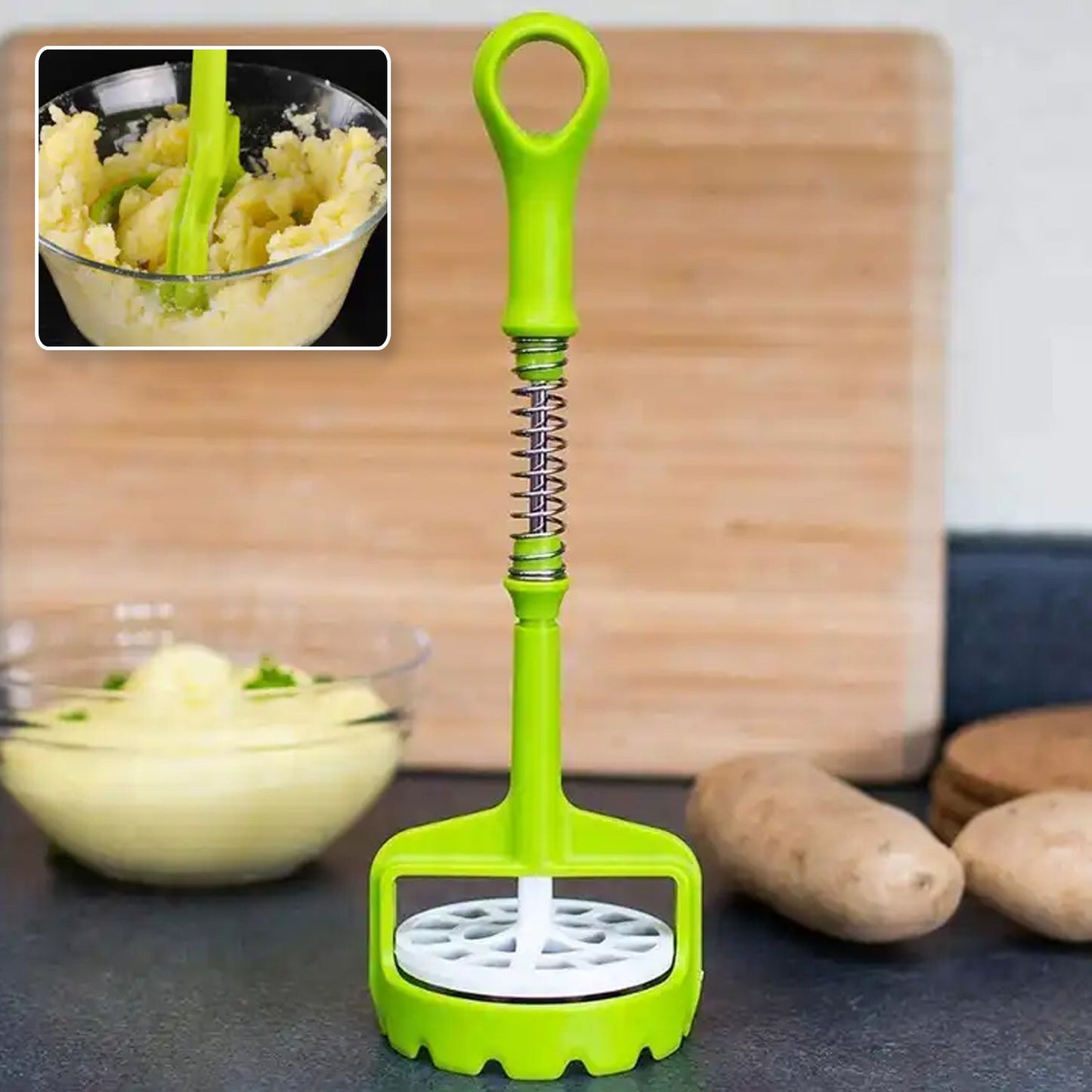 Multi Functional One-Handed Plastic Manual Mashed Potatoes Masher, Mash Sweet Potato Masher with Comfort Grip and Stainless-Steel Spring Design for Nonstick Pans (1 Pc) - Springkart 
