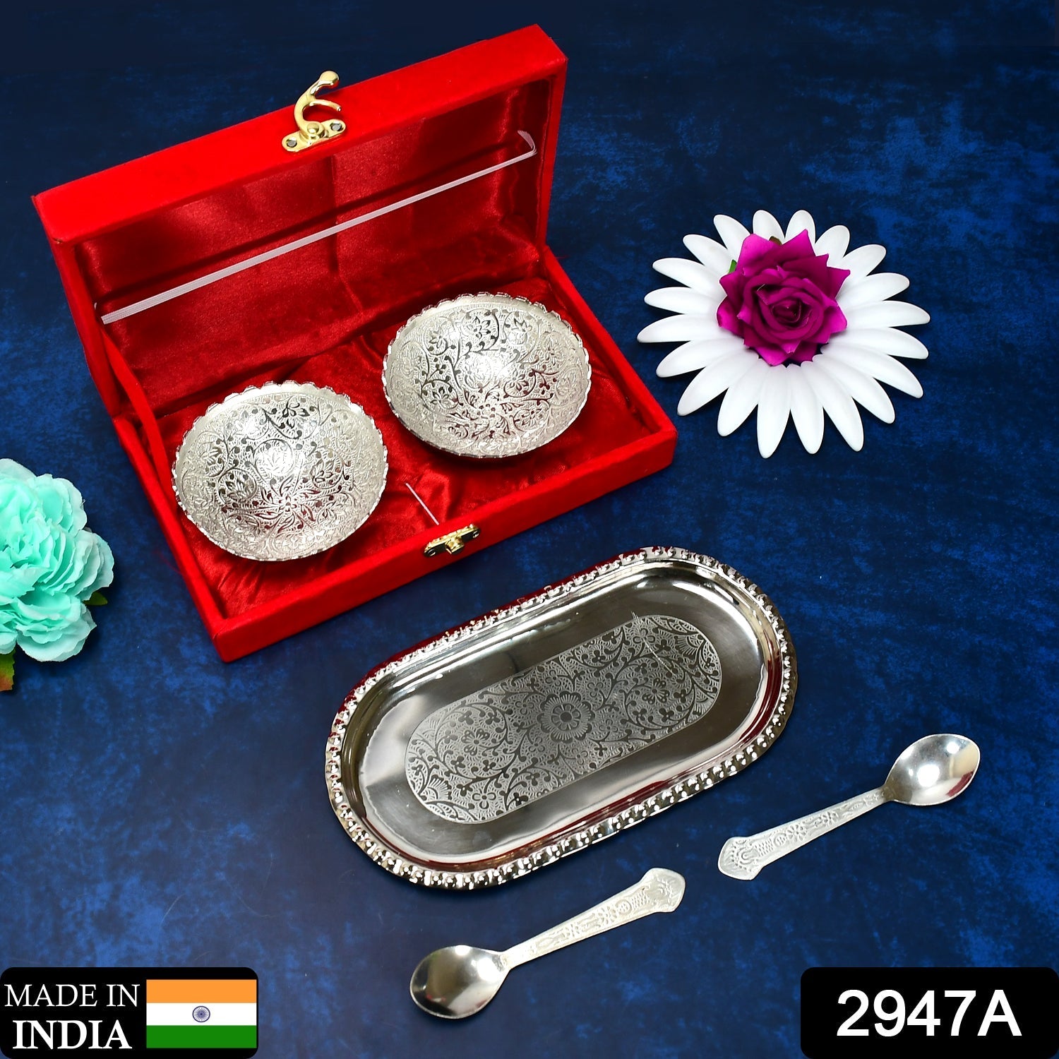 Silver Plated 2 Bowl 2 Spoon Tray Set Brass with Red Velvet Gift Box Serving Dry Fruits Desserts Gift, Bartan - Springkart 