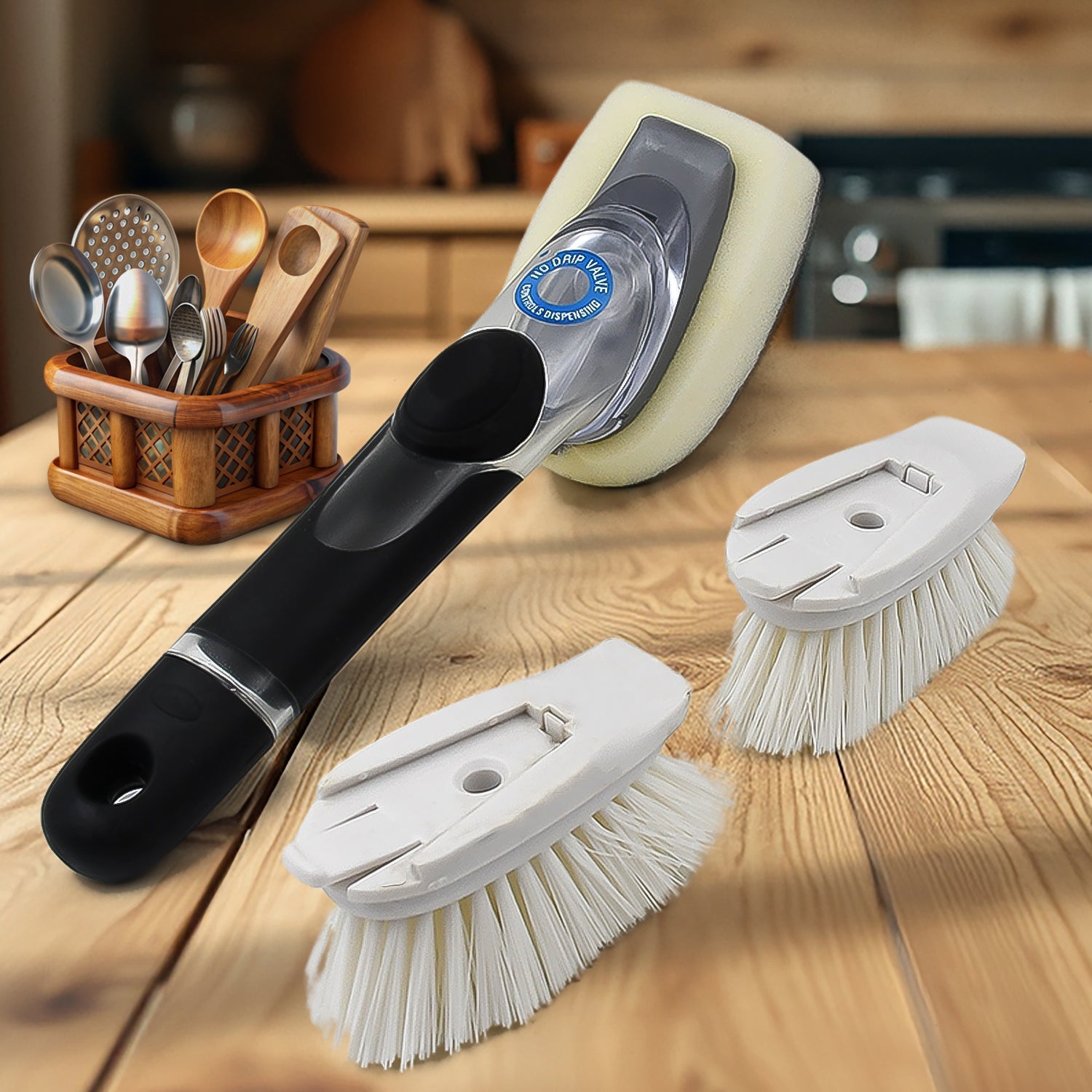 Dish Scrubber with Soap Dispenser, Soap Dispensing Dish Brush Set (1 Set / With Brown Box) - Springkart 
