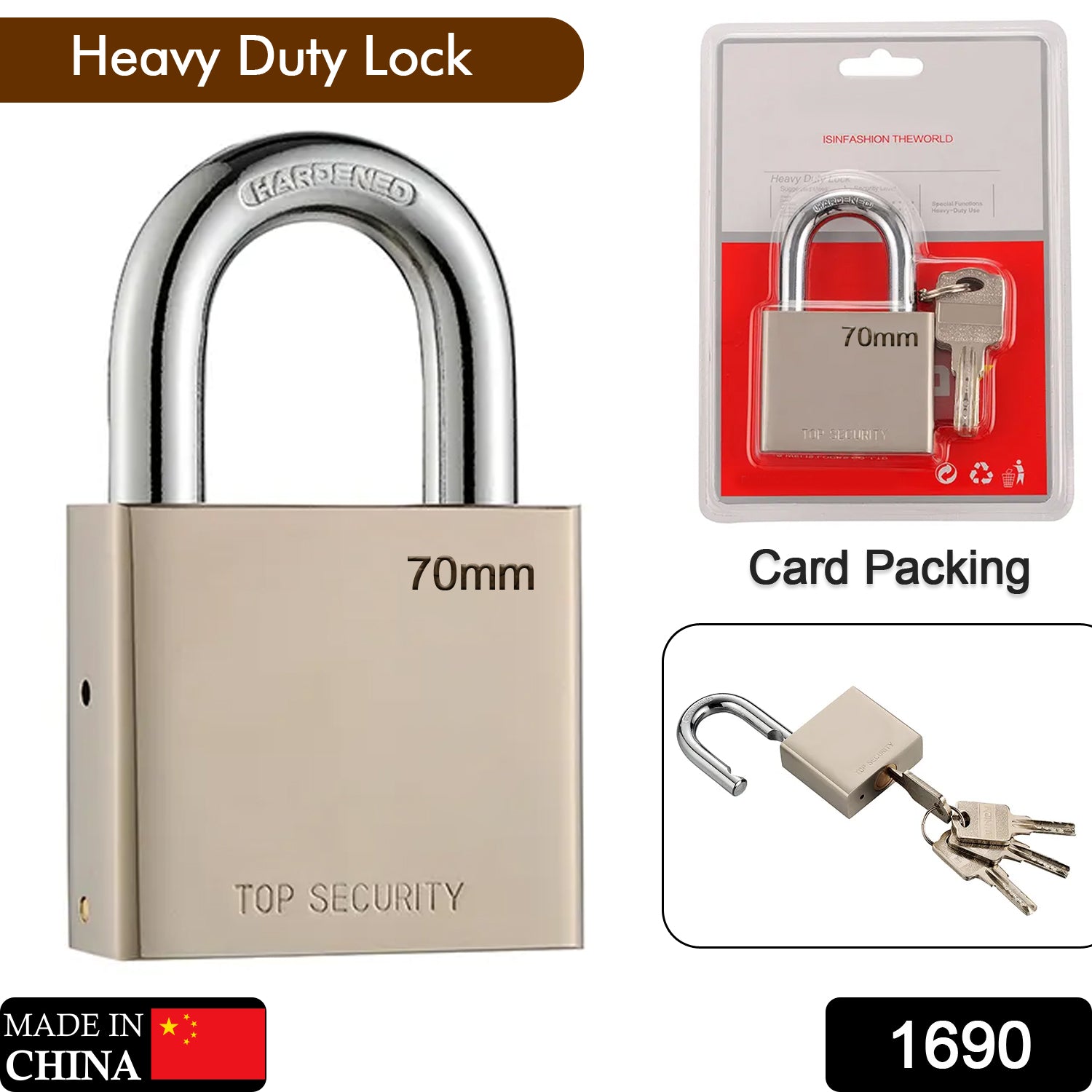 Heavy Steel Premium Square Padlock 70mm With 4 Keys | Multipurpose Hardened Shackle Padlock for Door, Gate, Shutter and Home - Springkart 