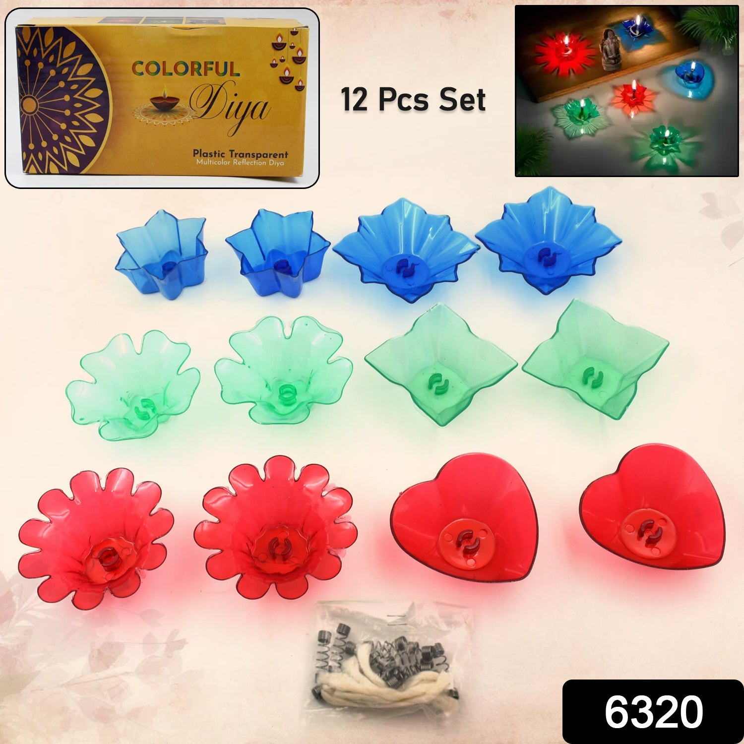 Magical Reflection Diya Set with 6 Attractive Design Cup Set Of 12 Pieces - Springkart 