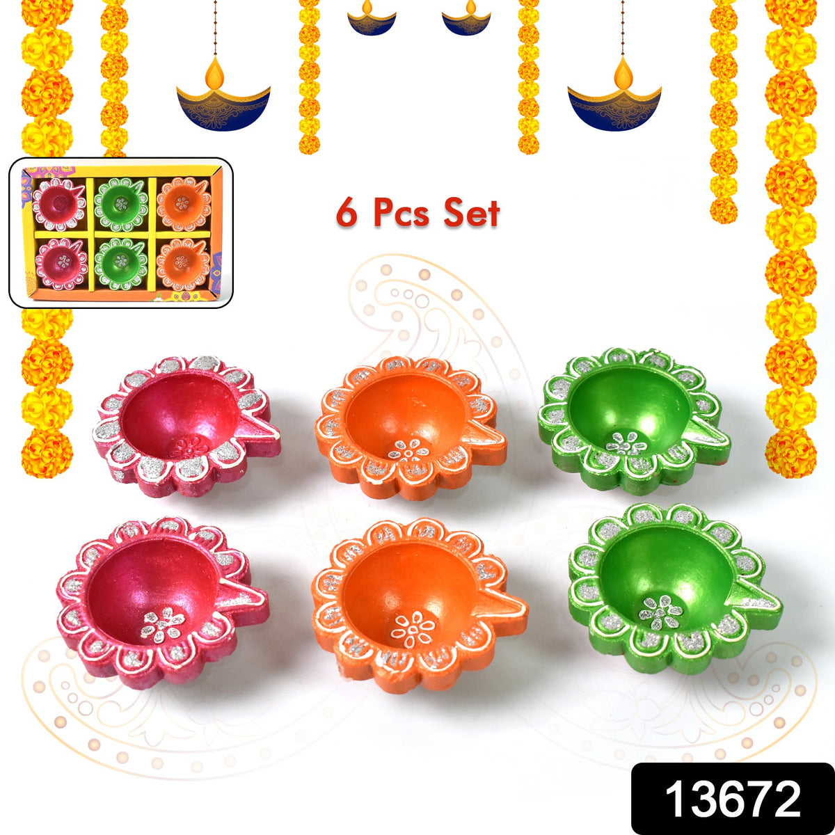 Decorative Hand Painted Clay Puja Diya for Diwali Handmade Diya (6 Pcs Set) - Springkart 