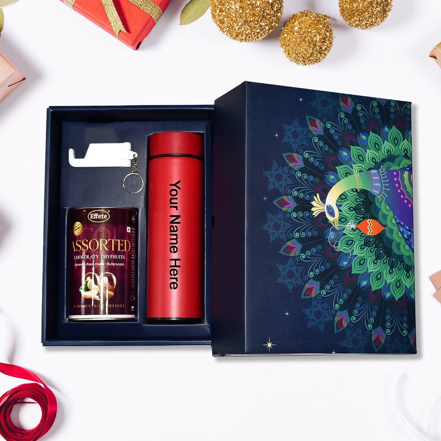 Personalized Temperature Water Bottle, 2in1 Keychain & Chocolate (With Attractive Peacock Box / 3 Pc Set) - Springkart 