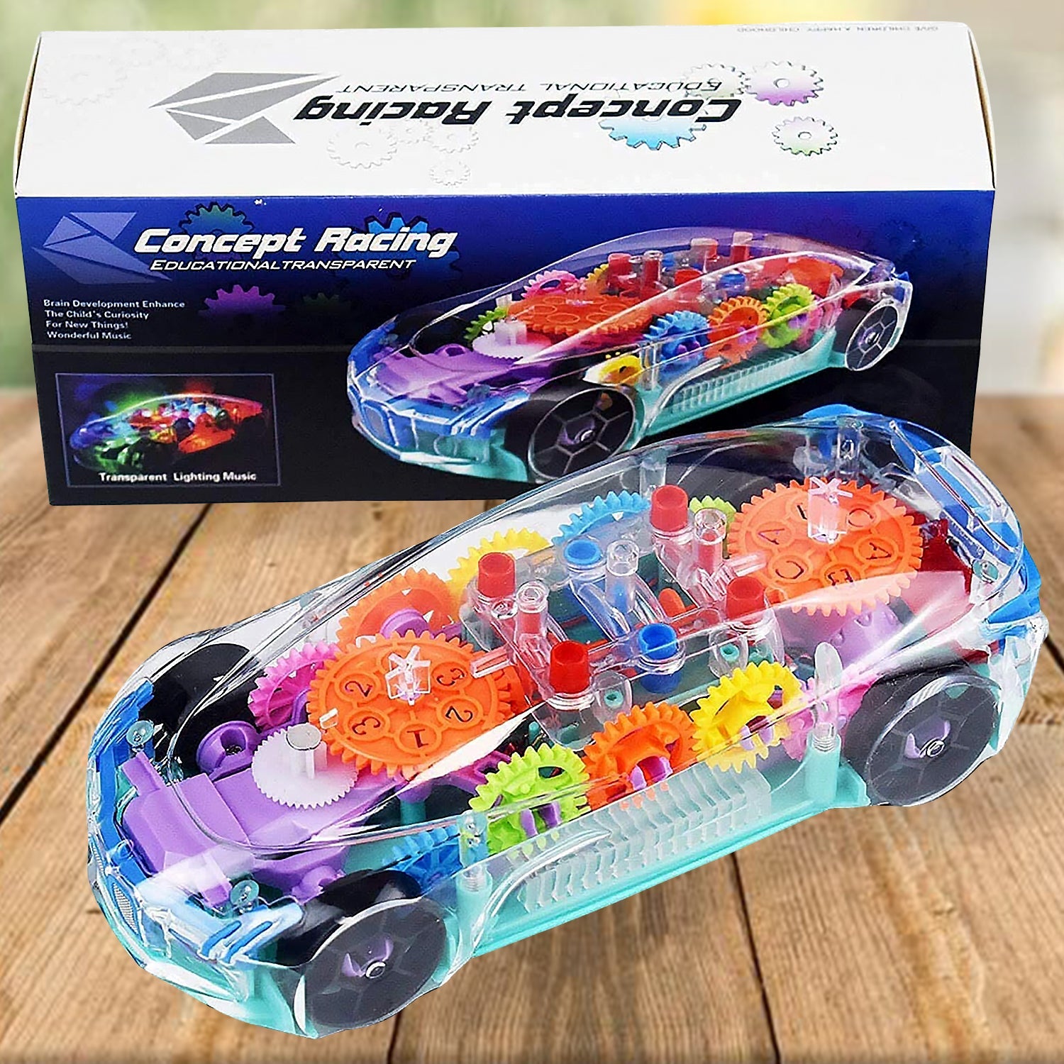 Automatic 360 Degree Rotating Transparent Gear Concept Car with Musical and 3D Flashing Lights Toy for Kids Boys & Girls (Multicolor / Battery Not Included) - Springkart 