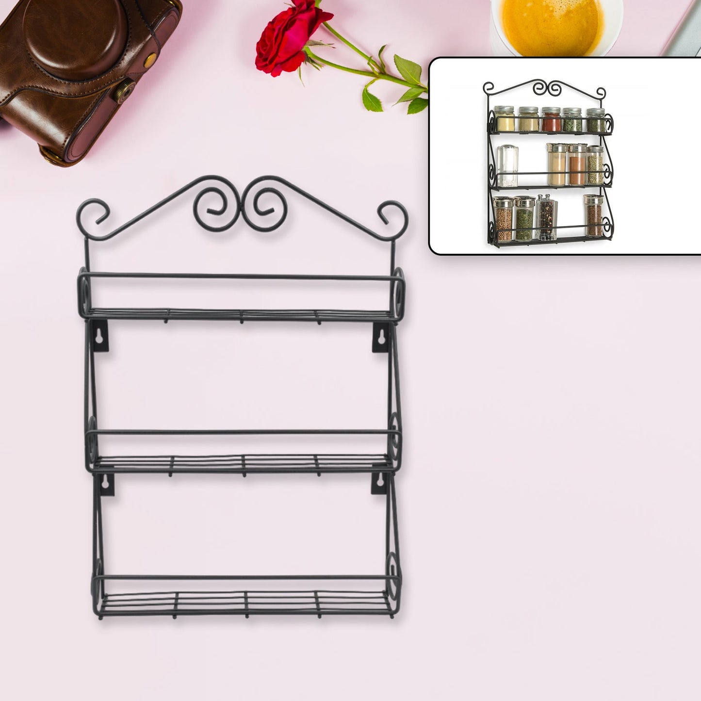Big Wall Mounted Iron Wall Shelf with 3 Storage Racks for Kitchen, Pantry, Cabinet, Counter top or Free Standing, Rack Holder for Kitchen - Springkart 
