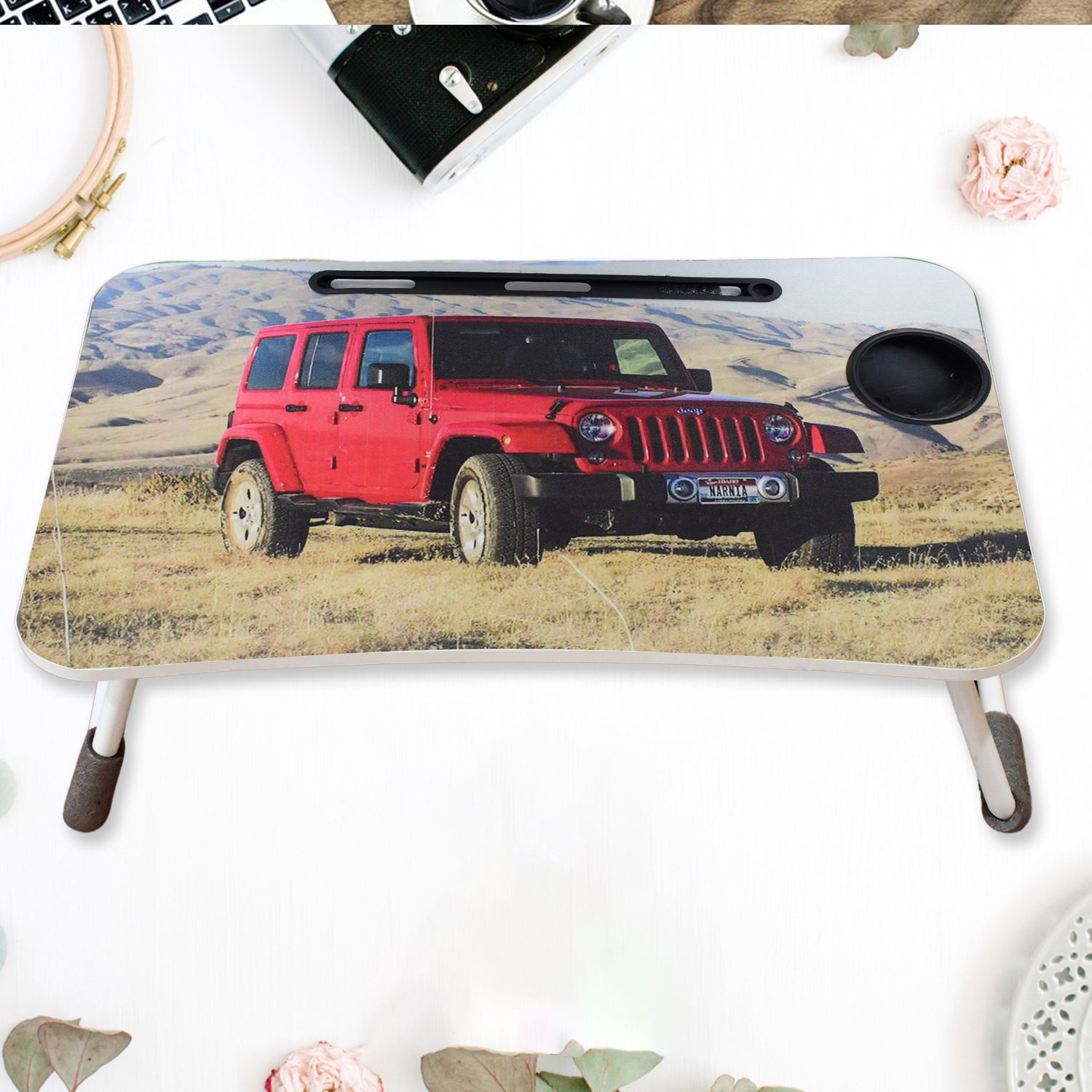 Multi-Purpose Laptop Desk for Study and Reading with Foldable, Cupholder & Drawer (1 Pc / Mix Catoon Design / 58×38 Cm) - Springkart 