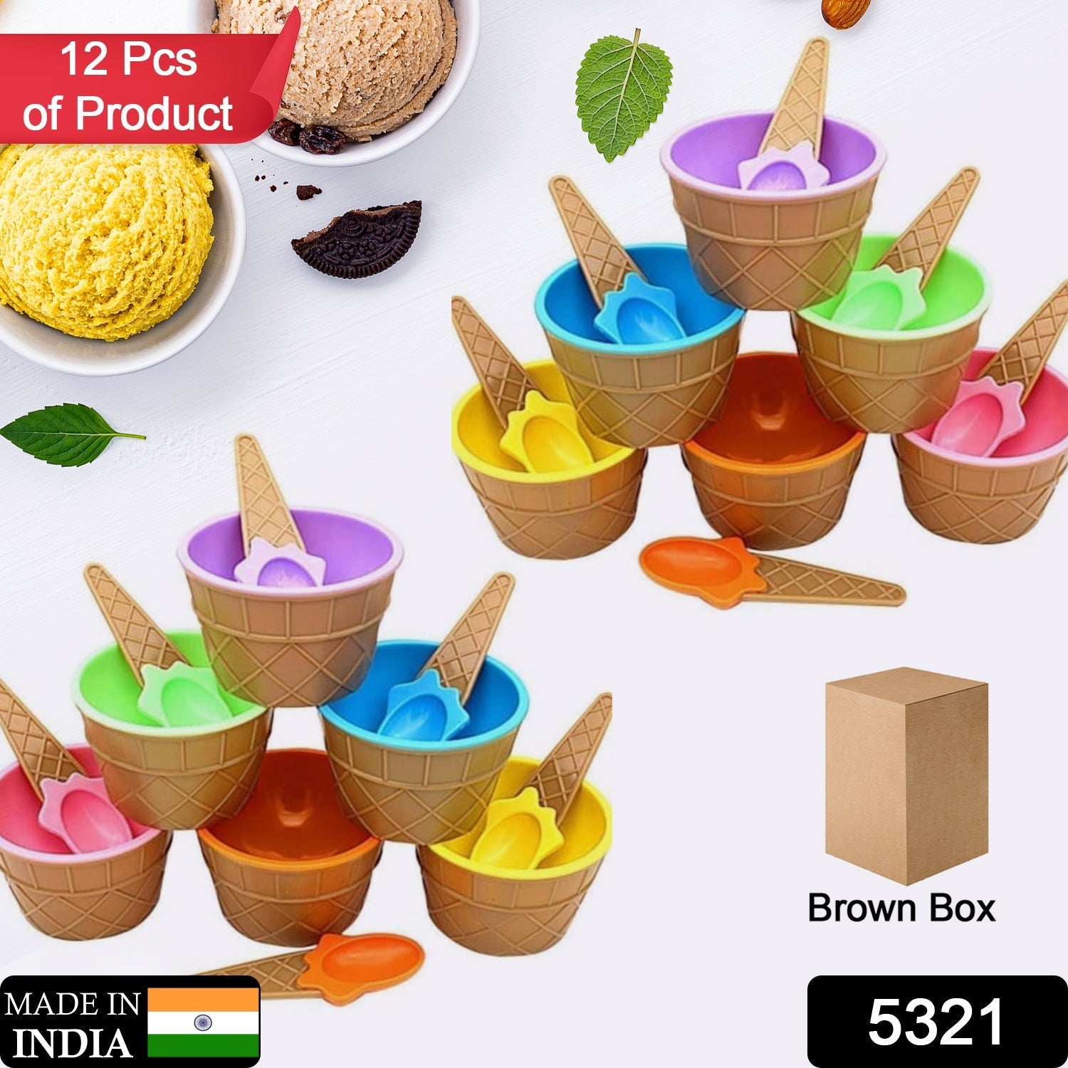 Ice-Cream Waffle Spoon Bowel Cup Set | Premium ice Cream Set | Ice-Cream Bowel with Spoon | 12 units Couple Bowl Set | Brown Box - Springkart 