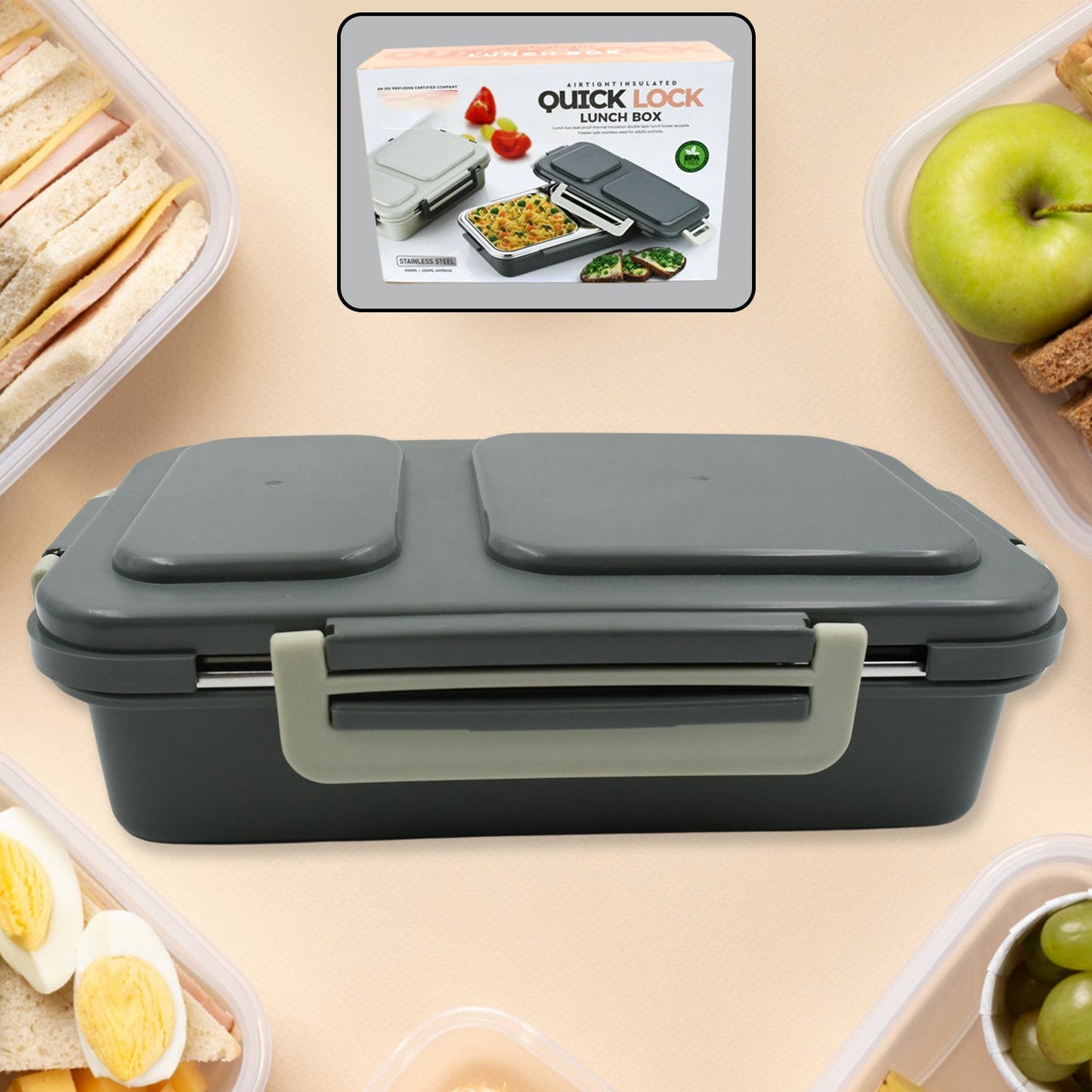 Miracle Quick Lock Leak Proof 2 Compartment Stainless Steel LUNCH BOX Inner Plate Reusable Microwave Freezer Safe Lunch Box Trendy Thermal Insulation Leak Proof for Office Vacuum Tiffin Box for Boys / Girls / School / Office Women and Men  - Springkart 
