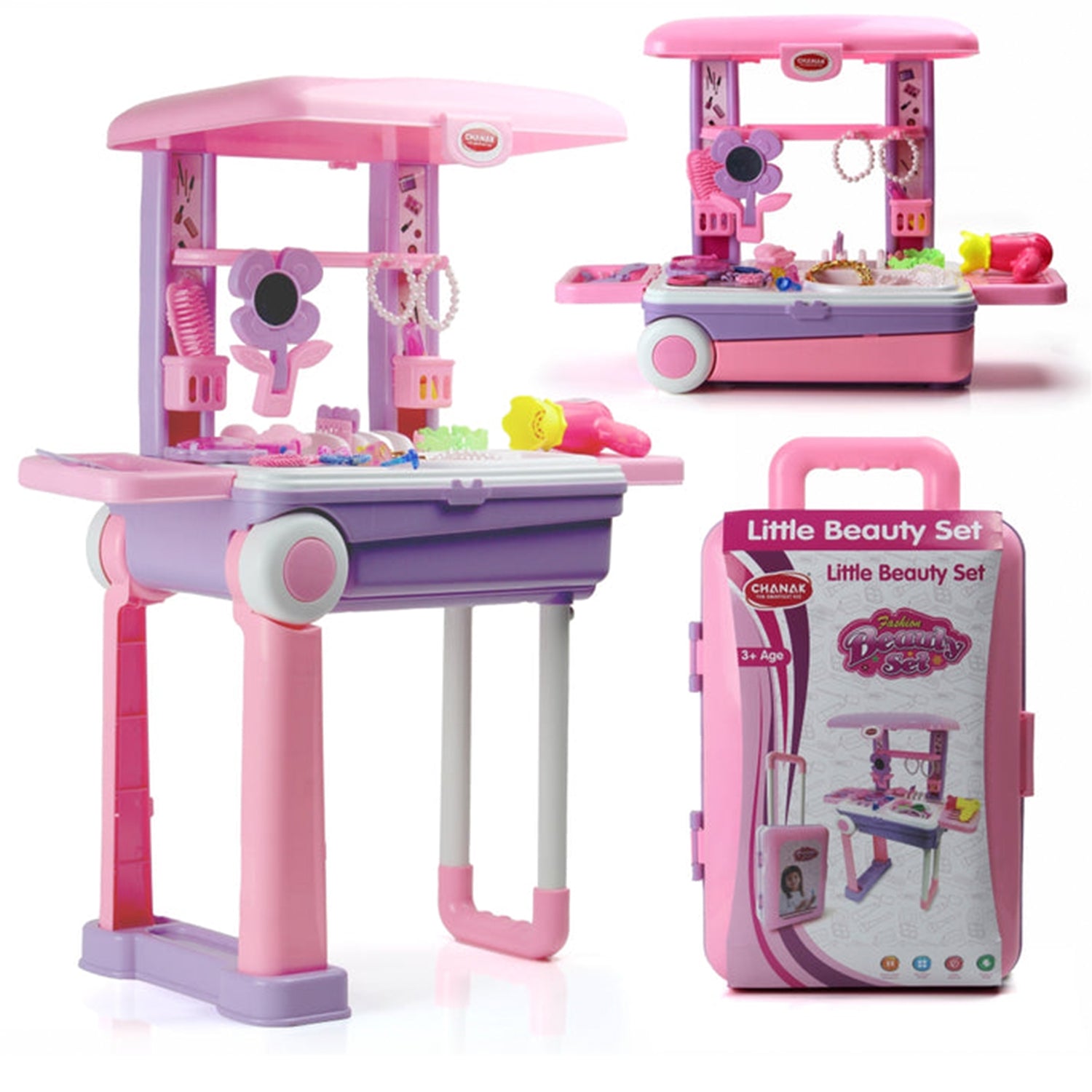 Big Beauty Set Suitcase On Wheel, The Ultimate Beauty Set On Wheels for Girls, Makeup Kit is Easy to Clean & Use, Portable Beauty Set with 25 Pieces for 3 Years BIS Approved. (Beauty Set Trolley) - Springkart 