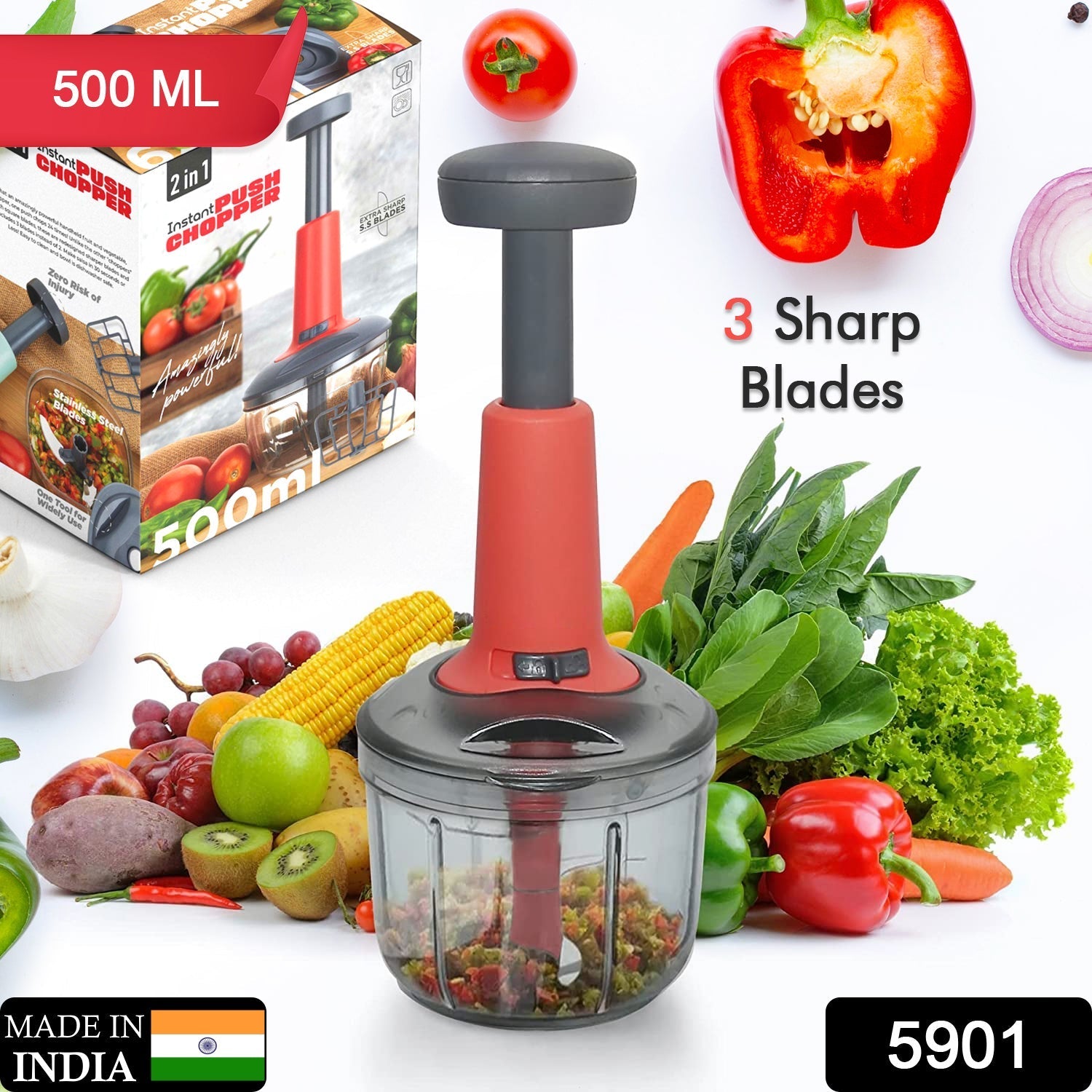 Matte Finish Hand Press Chopper with 3 Blades for Easy Vegetable & Fruit Chopping - Springkart 