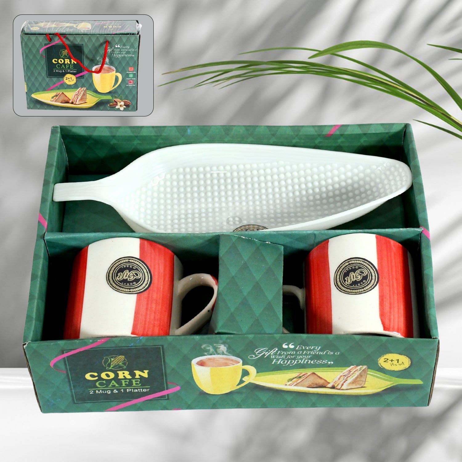Corn Cafe Ceramic Tea / Cups Set Including Plastic Leaf Shape Serving Platter Milk Cup, Coffee Cup, Tea Cup, Breakfast Cup / Mug, or Outdoor for Household Gift For Birthday (3 Pcs Set) - Springkart 