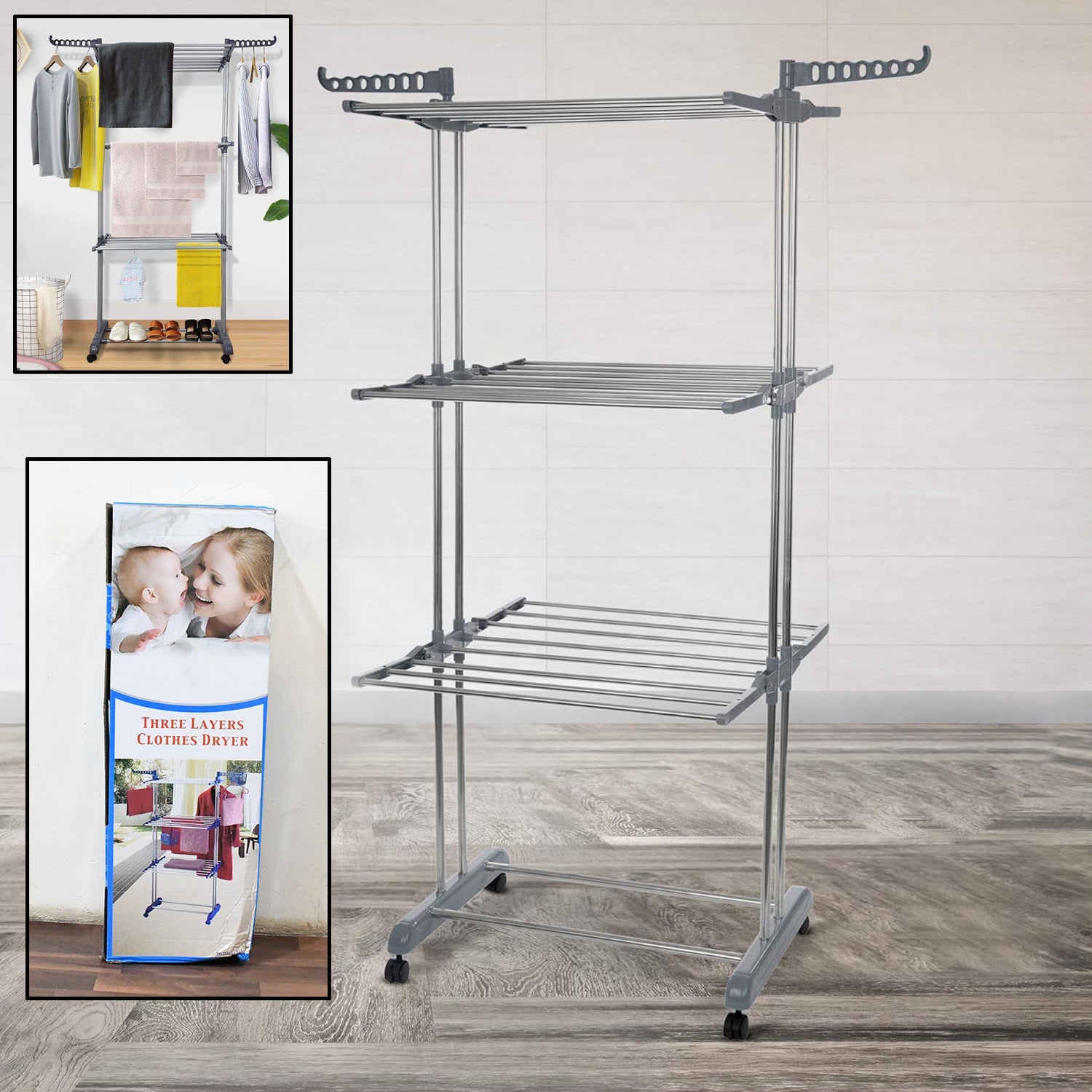 Premium Heavy Duty Stainless Steel 3 Layer Foldable Cloth Drying Stand (1 Set / With Color Box) - Springkart 
