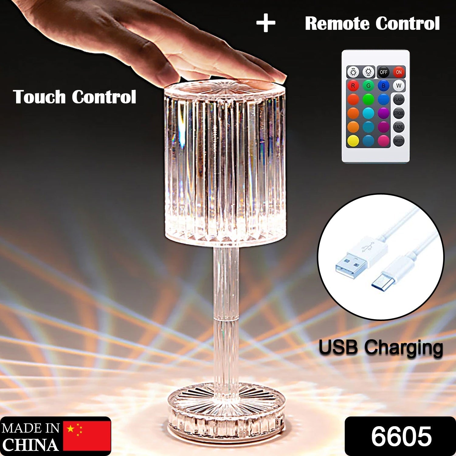 Crystal Table Lamp , Touch Control Atmosphere Nightstand Lamp With USB Charging Line - Springkart 