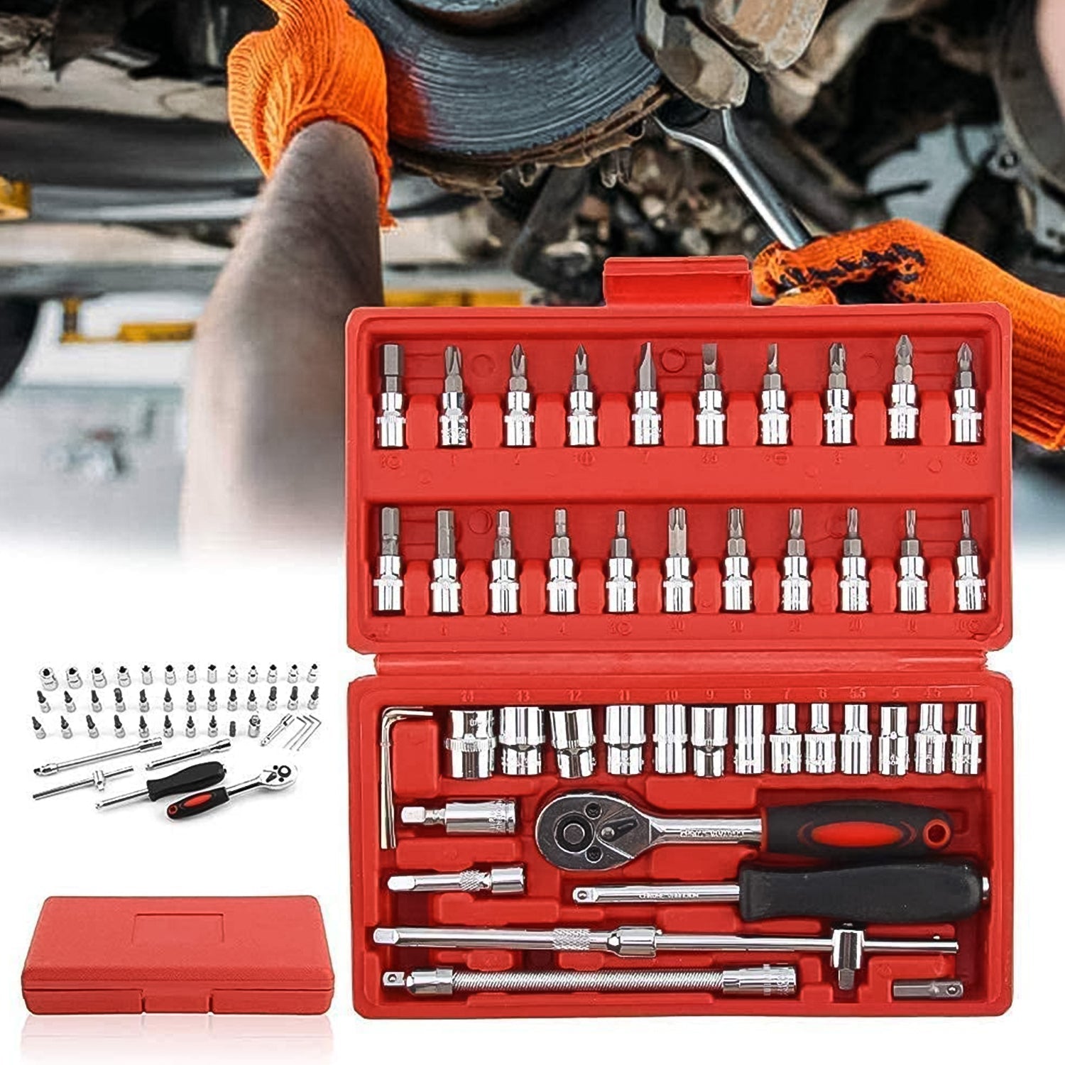 Socket 1 / 4 Inch Combination Repair Tool Kit (Red, 46 pcs) - Springkart 