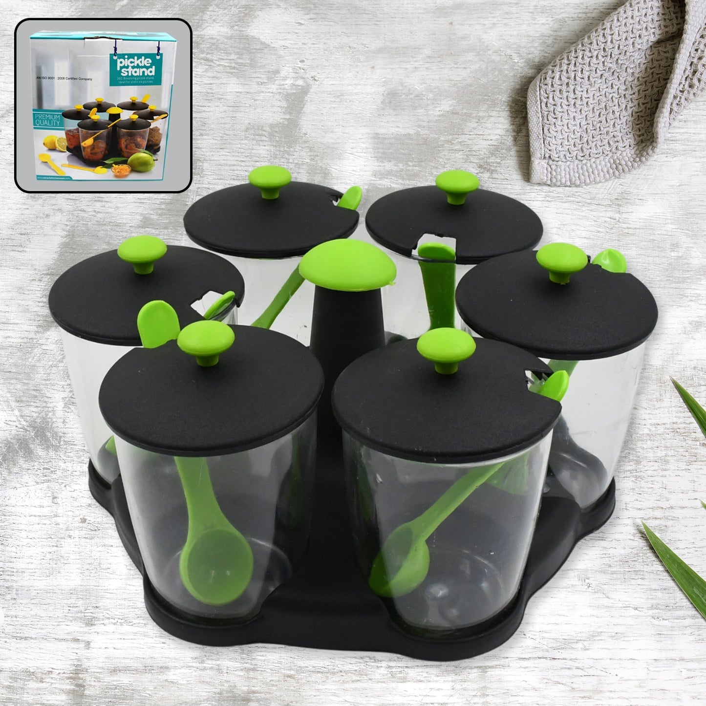 Multipurpose 6 Piece Miracle Revolving Plastic Spice Container Rack With 6 Spoon, Condiment Set, Masala Rack Set, Revolving Spice Rack Aachar Container Chutney Mukhwas Tray Masala Dining Spice Stand - Springkart 