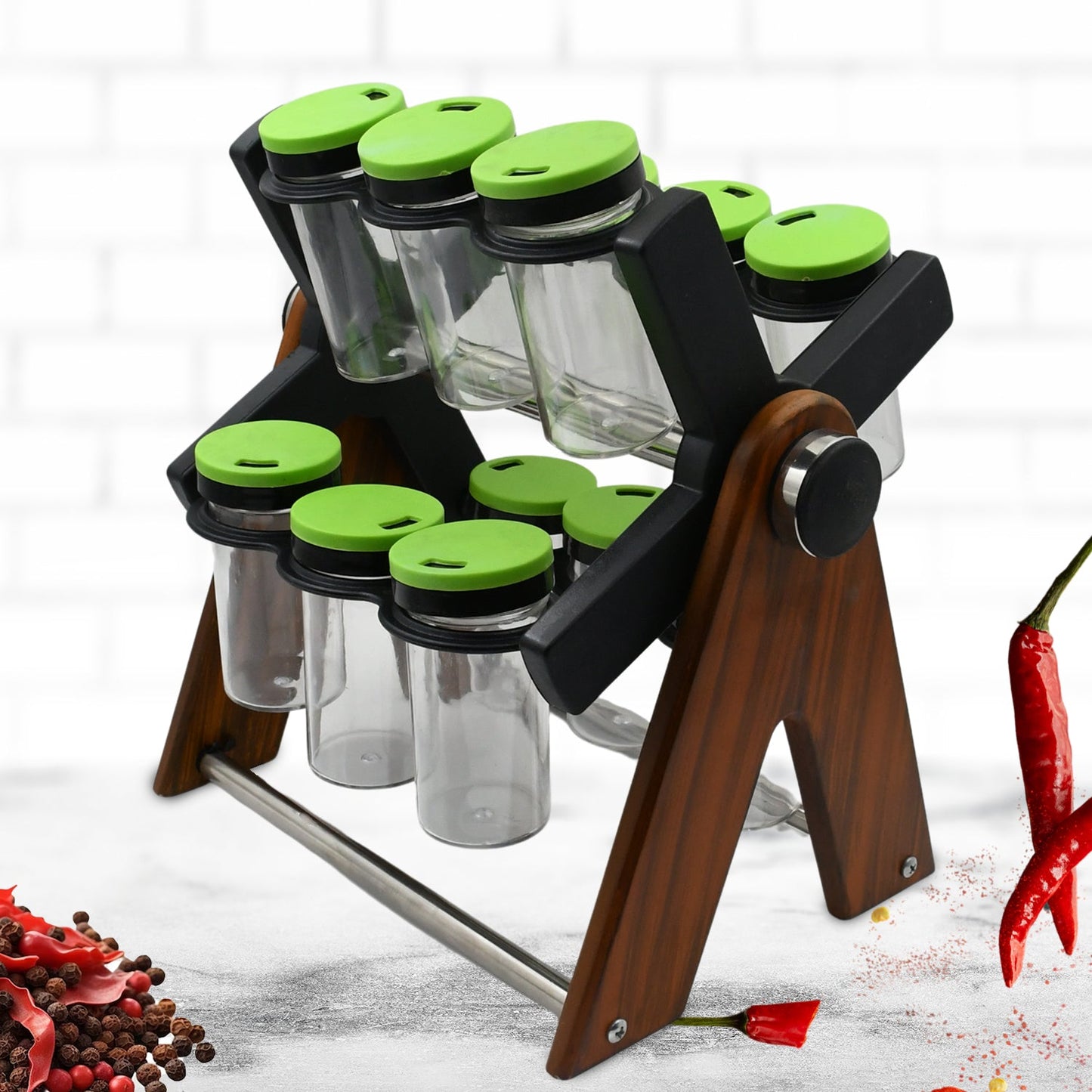 Miracle Multipurpose Wooden Spice Rack for Kitchen 12 Jars | 360 Degree Revolving Masala Box Container Spice Rack Containers Set (12 pcs Set) - Springkart 