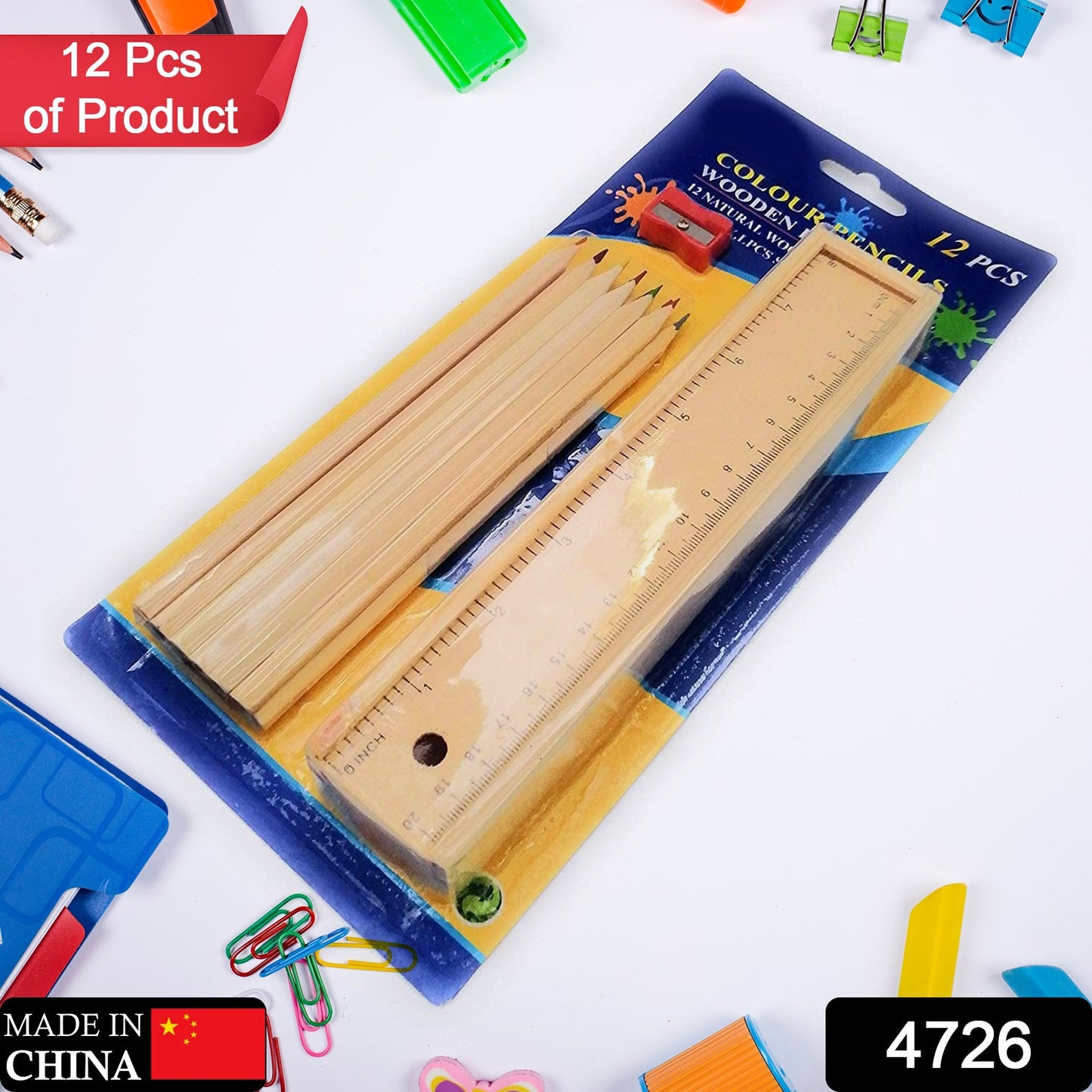 Colorful Wooden Pencil Set with Pencil box, Ruler, Sharpener For for Kids, Artist, Architect (12 Pcs Set) - Springkart 