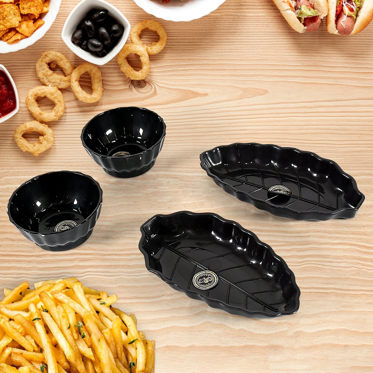 Ertiga Round Ceramic Bowl With Plastic leaf shape Serving platter Portable, Lightweight Breakfast, Serving Bowl | Highly Durable Material | Ideal for Rice, Pasta, Desserts Home & Kitchen Serving Bowl & platter (4 Pcs set) - Springkart 