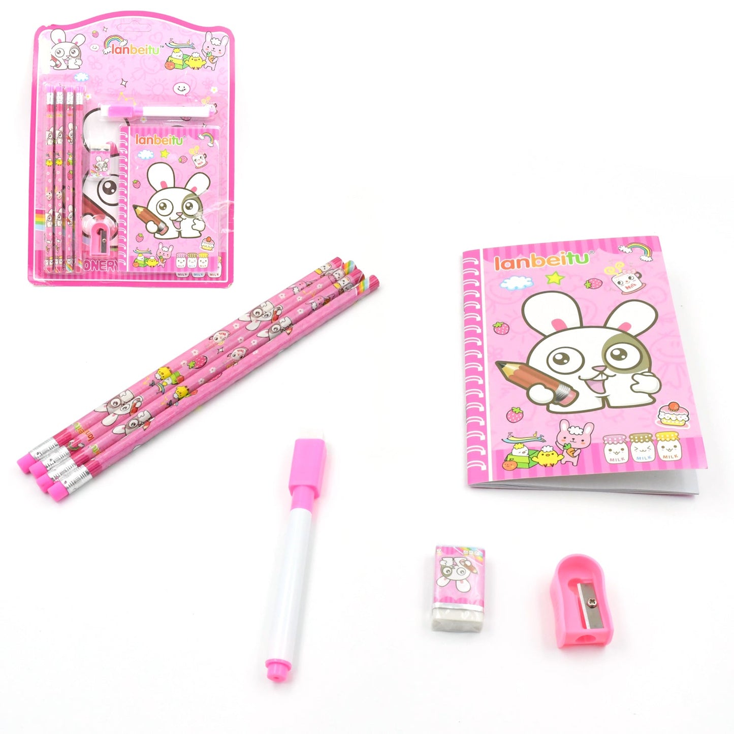 Complete stationery kit for kids, includes pencils, sharpener, and eraser.