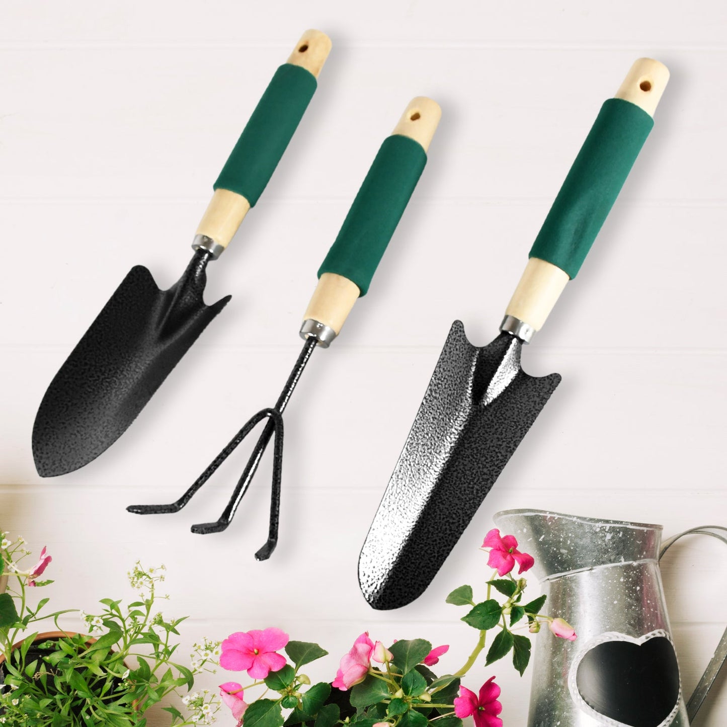 Gardening Tools - Hand Cultivator, Trowel, Heavy Duty with Ergonomic Wooden Handle for Transplanting and Digging (3 Pcs Set) - Springkart 