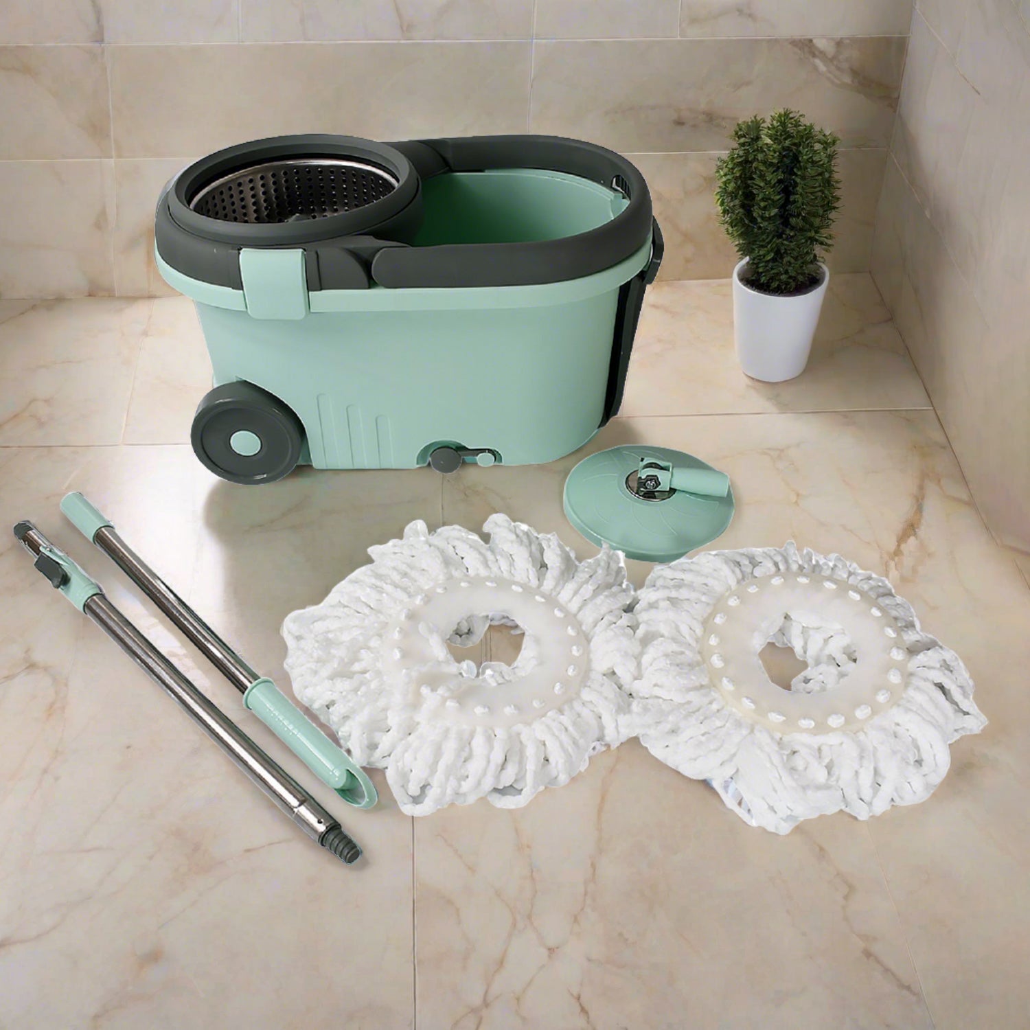 Ganesh Quick Spin Mop Steel Spin, Bucket Floor Cleaning, Easy Wheels & Big Bucket, Floor Cleaning Mop With Bucket, 2 Micro fiber head / Refill - Springkart 