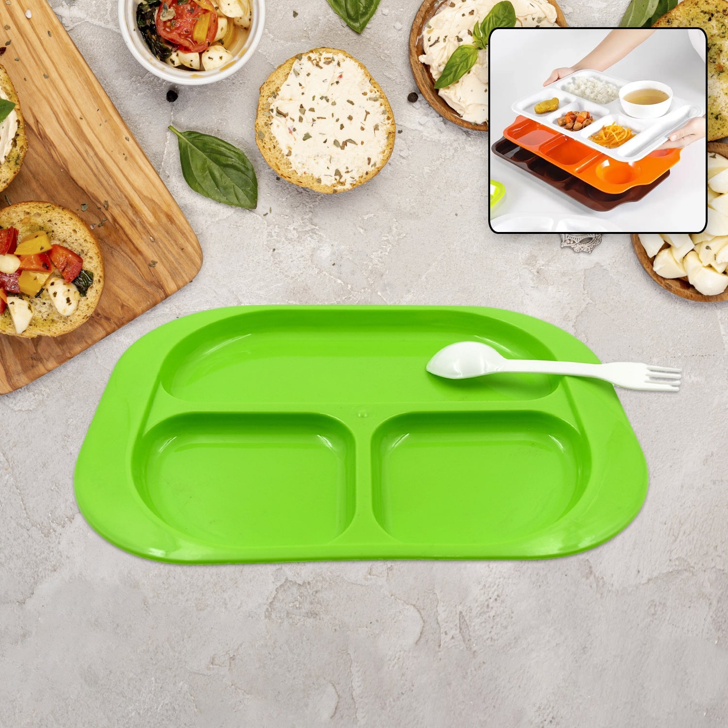 Plastic Food Plates / Biodegradable 3 Compartment Square Plate With Spoon for Food Snacks / Nuts / Desserts Plates for Kids, Reusable Plates for Outdoor, Camping, BPA-free (1 Pc) - Springkart 